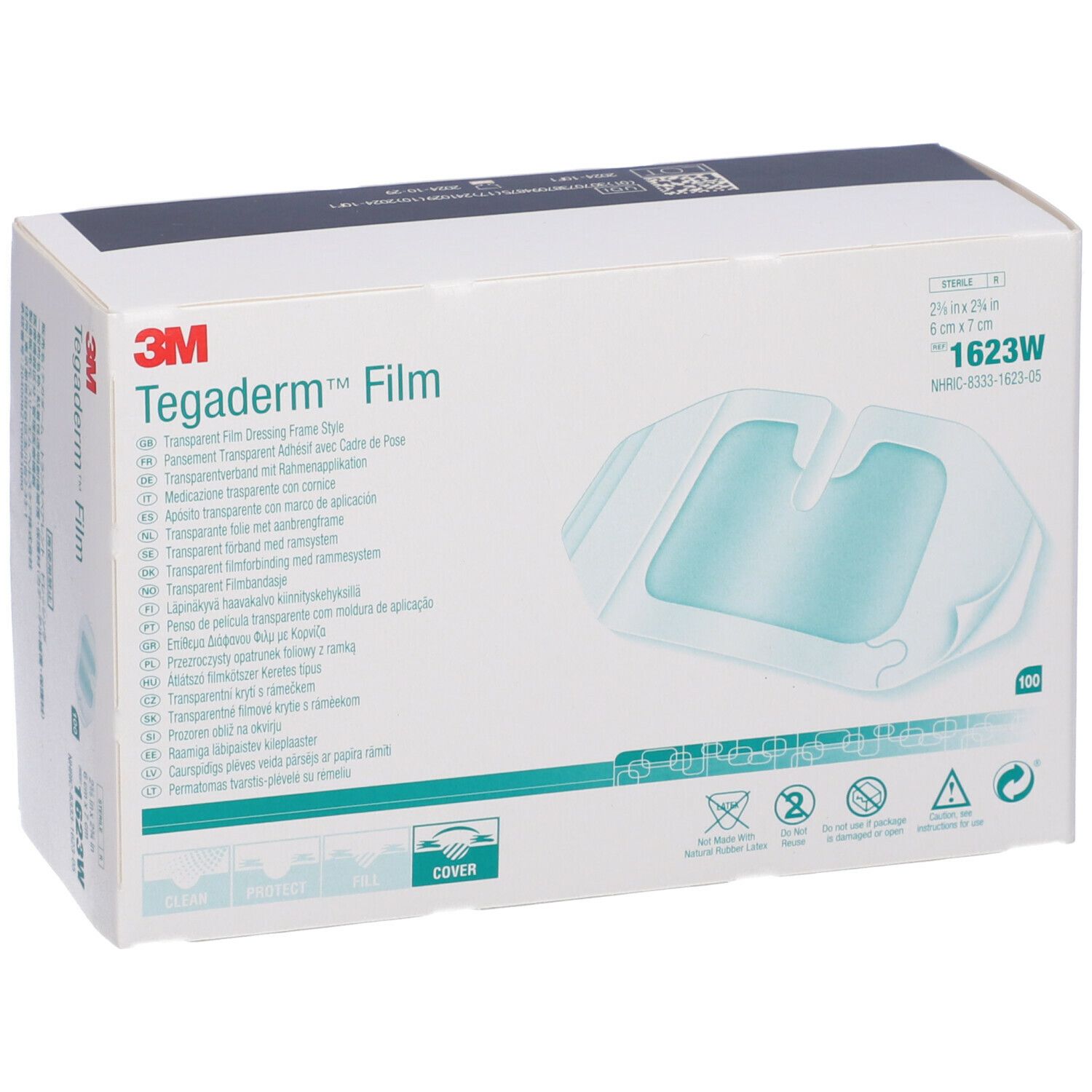Confezione di 3M Tegaderm™ Film. Contiene 100 pezzi. Dimensioni 6 x 7 cm. Informazioni e pittogrammi stampati.