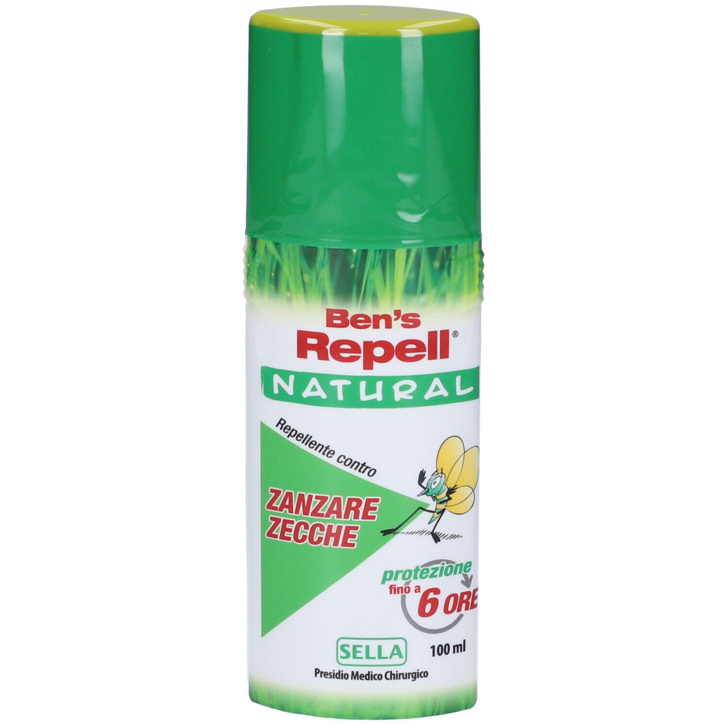 Flacone spray verde e bianco con logo "Ben's Repell NATURAL". Testo: "ZANZARE ZECCHE". Tappo giallo. Protezione fino a 6 ore.