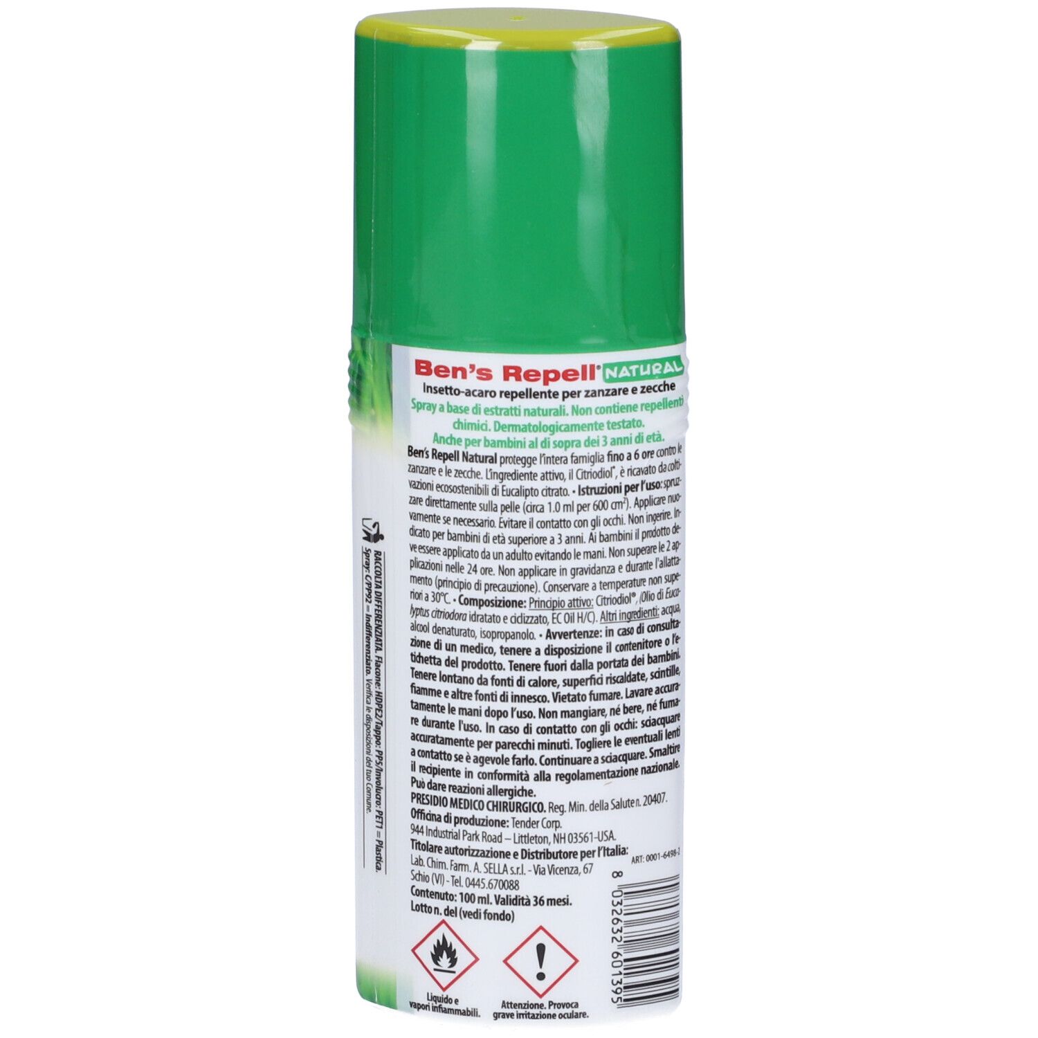 Retro del flacone spray. Testo: "Ben's Repell NATURAL". Contiene informazioni e avvertenze. Flacone bianco con tappo verde.
