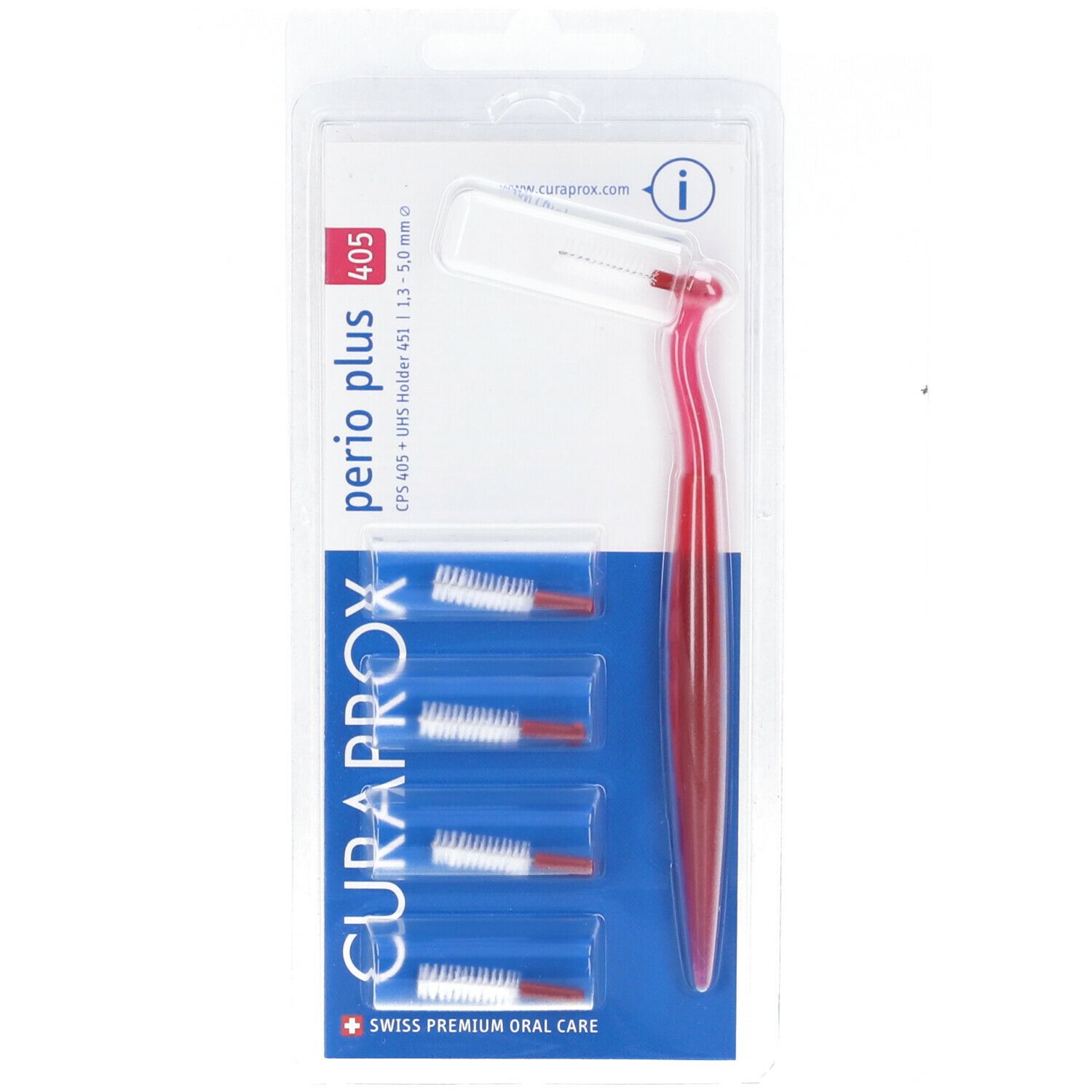 Spazzolino rosa con testine in blister. Marchio Curaprox Perio Plus 405.