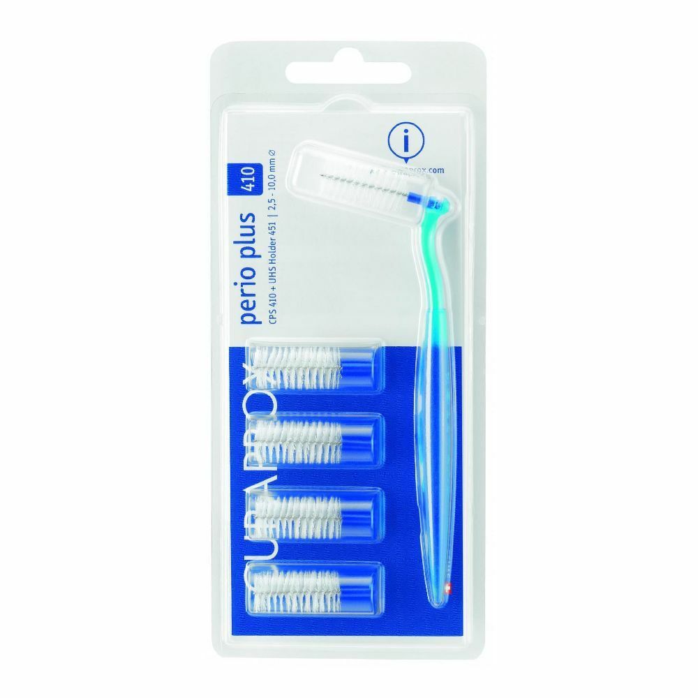 Set di spazzolini interdentali con supporto. Perio plus 410. Elementi blu e verdi. Confezione blister.
