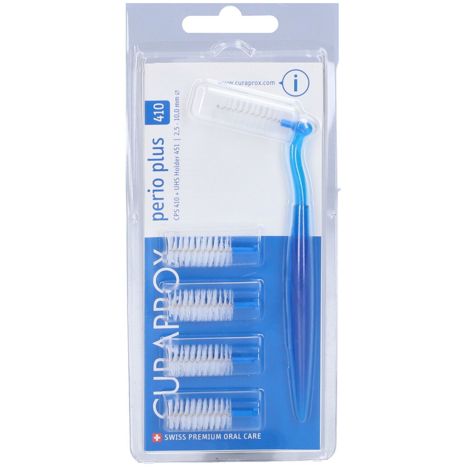 Set di spazzolini interdentali con supporto. Perio plus 410. Elementi blu. Confezione blister.