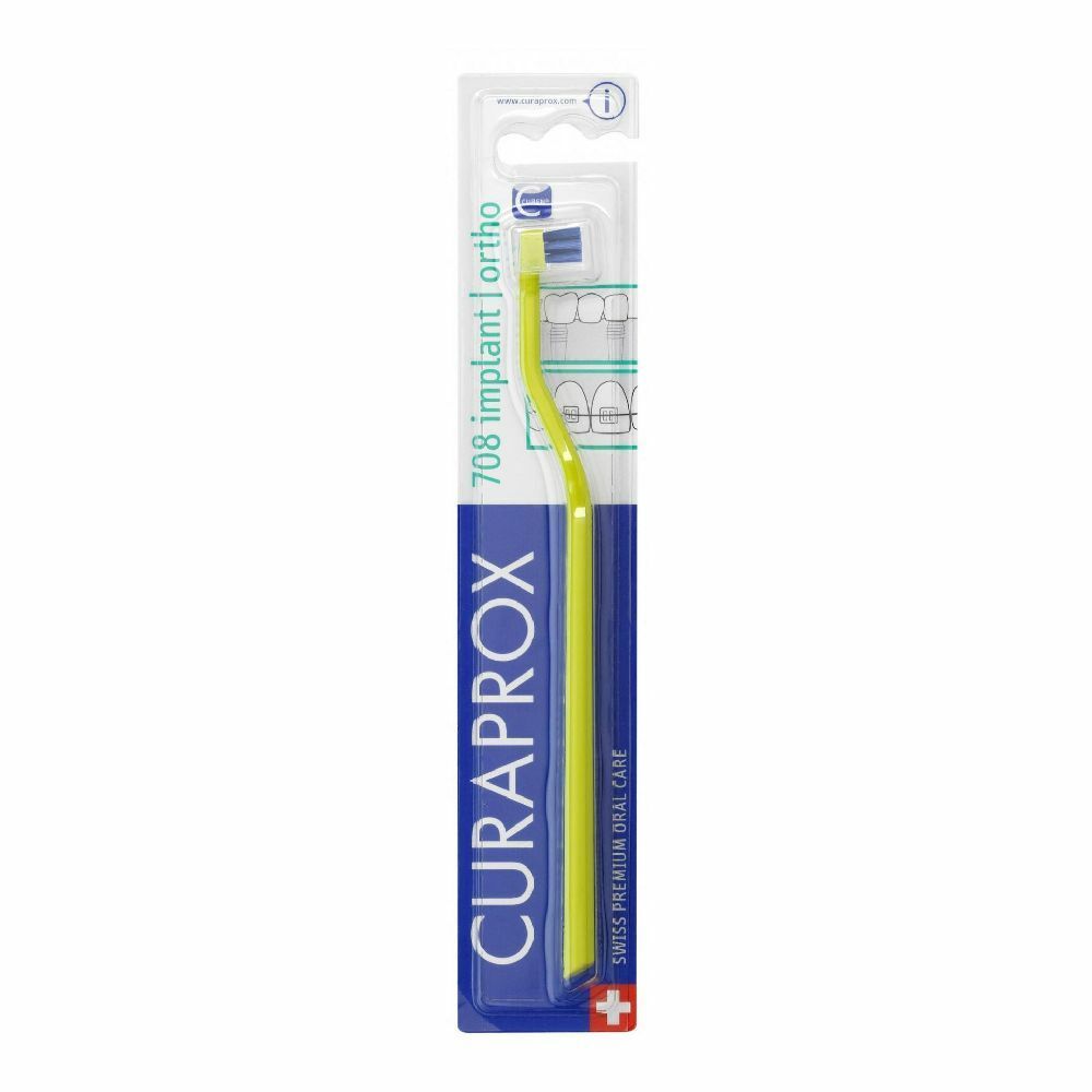 Spazzolino Curaprox CS 708, manico giallo, testina blu, in confezione.