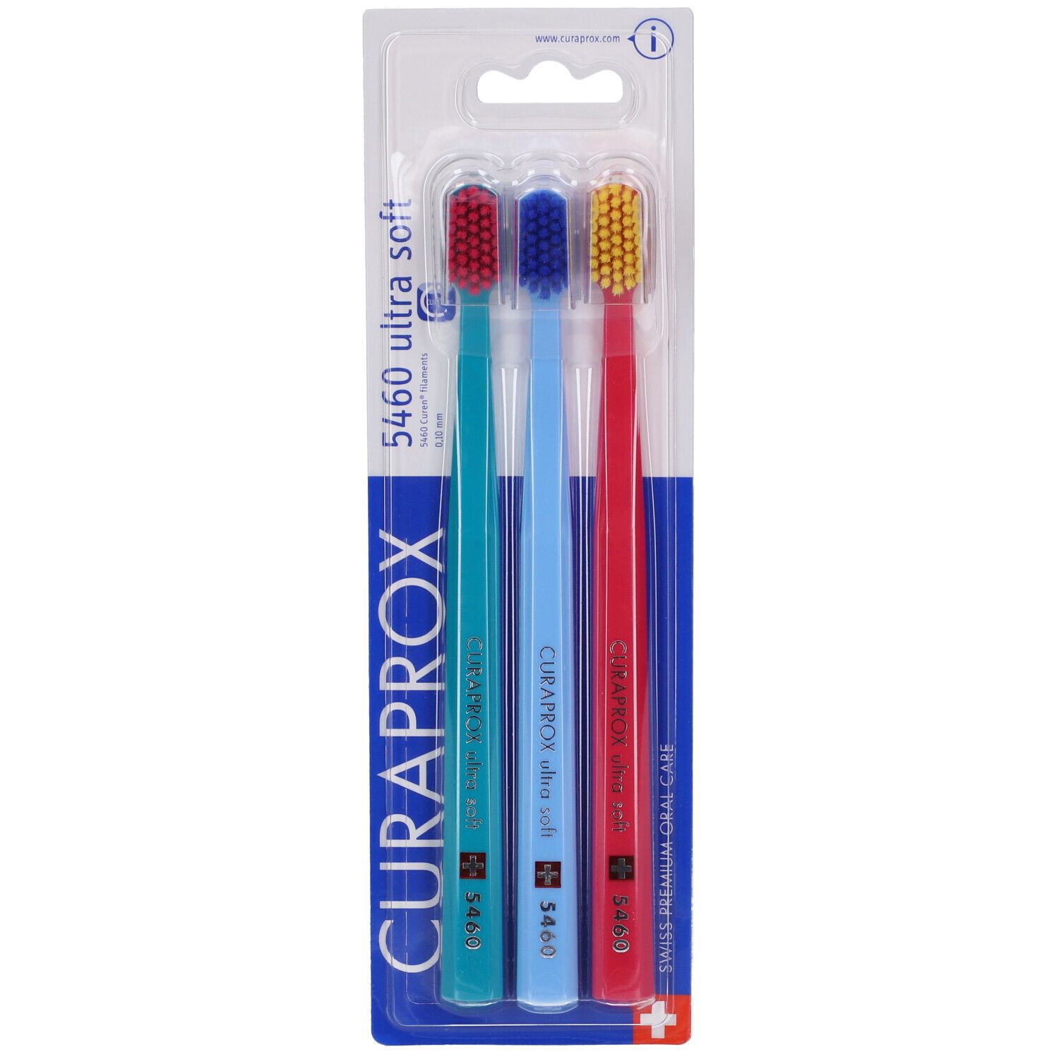 Tre spazzolini in confezione blister. Manici turchino, azzurro e rosso. Scritta: CURAPROX, 5460 ultra soft.