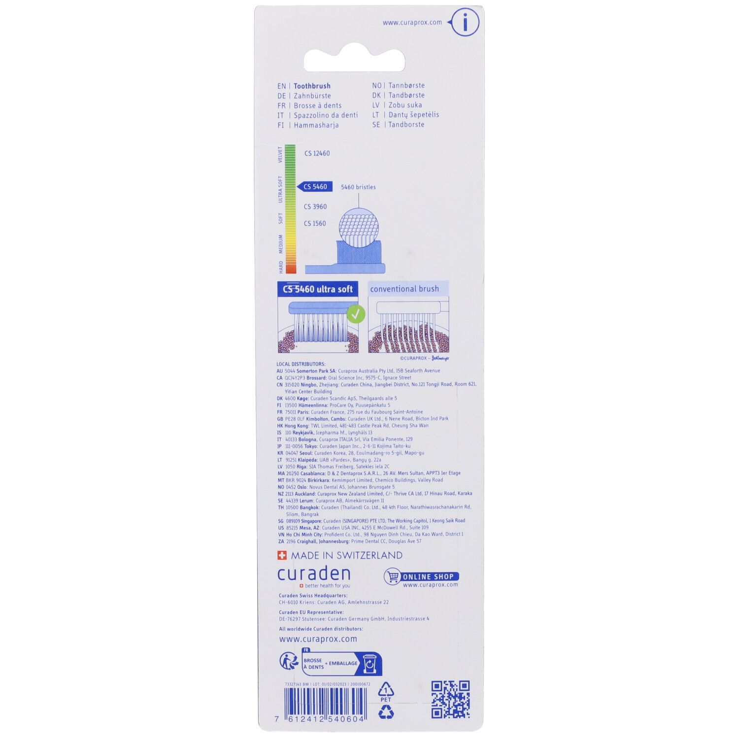 Retro della confezione blister con informazioni sul prodotto e produttore. Testo multilingue. Made in Switzerland.