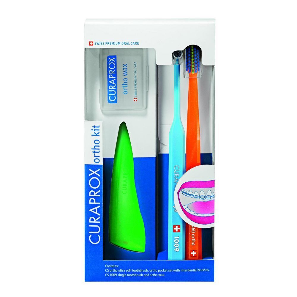 Set per l'igiene orale. Include spazzolini, filo interdentale e cera. Confezione bianca con finestra.