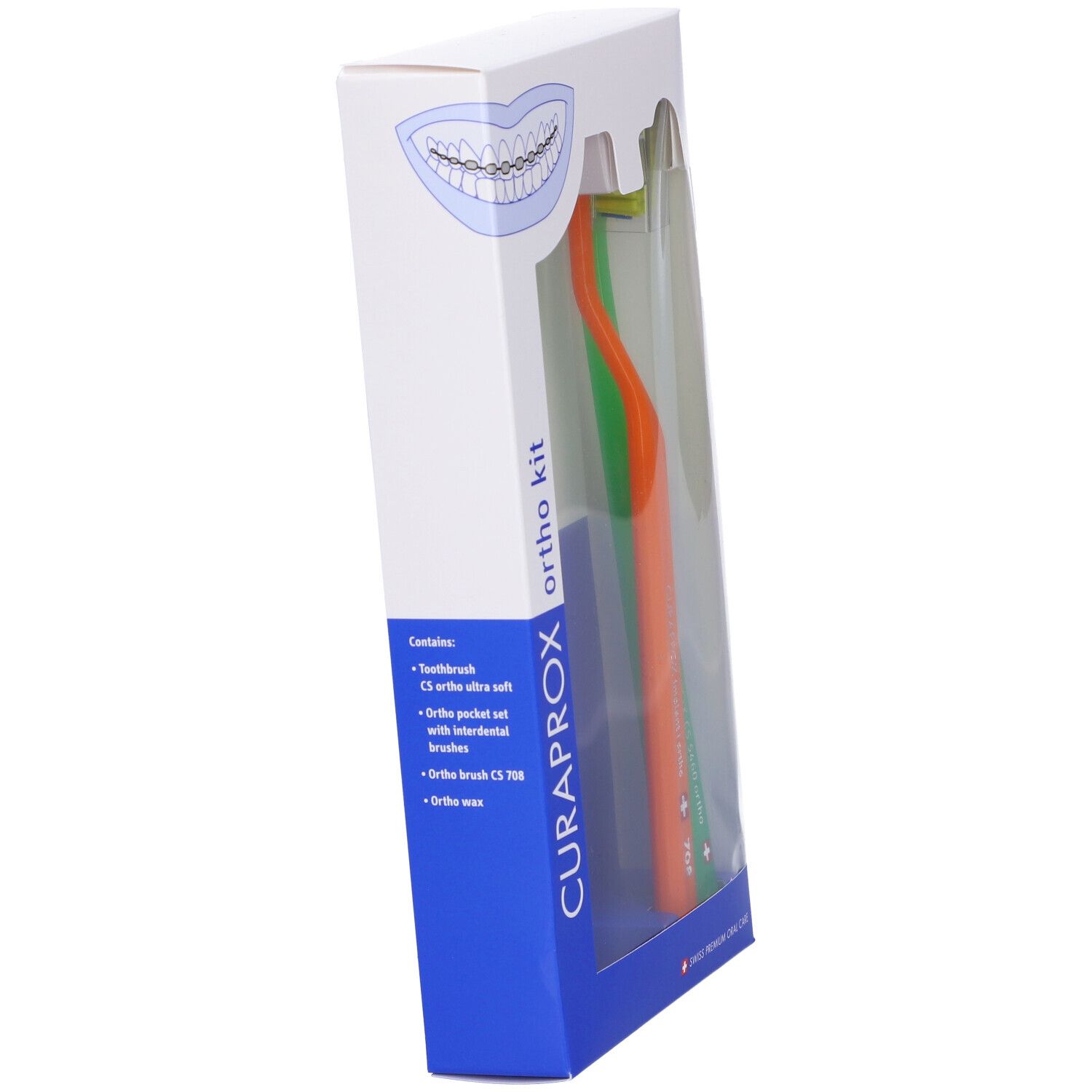 Set igiene orale in scatola. Include spazzolini, filo e cera. Applicatore arancione.