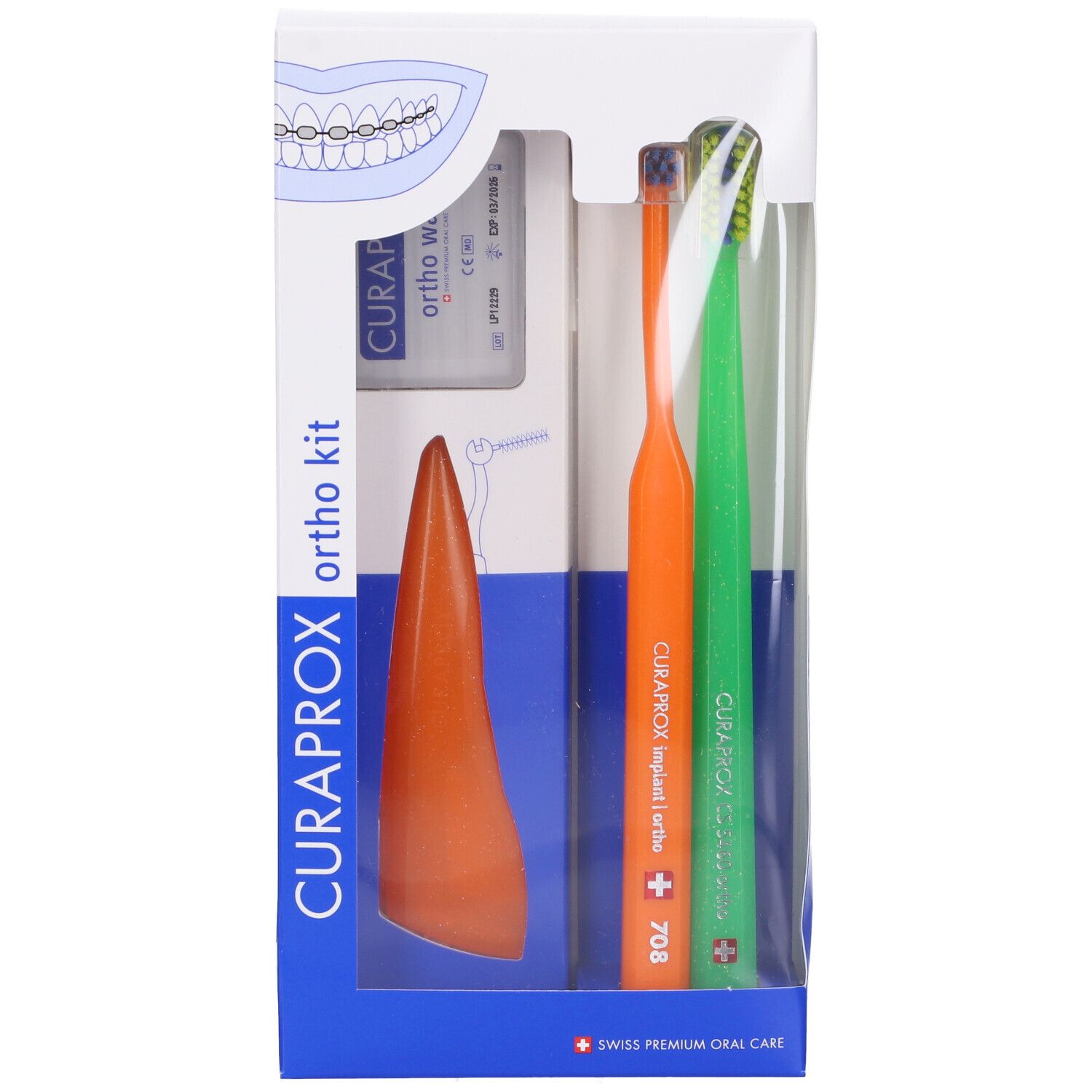 Set igiene orale in scatola. Include spazzolini, filo e cera. Applicatore arancione.