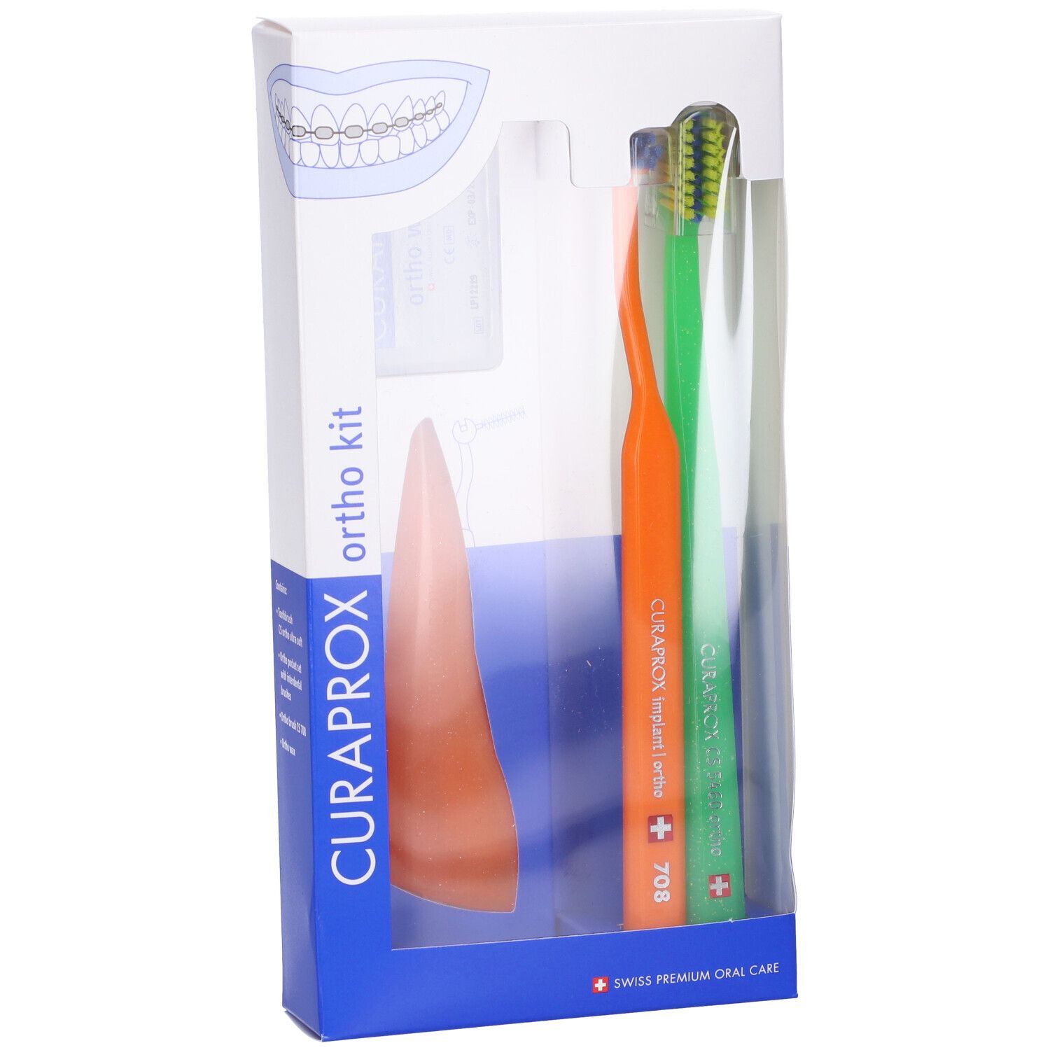 Set igiene orale in scatola. Include spazzolini, filo e cera. Applicatore arancione.