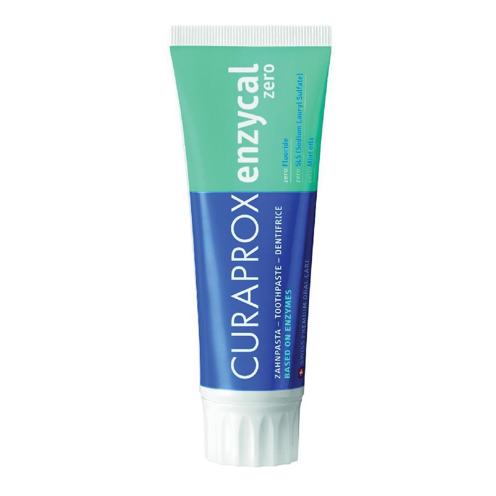 Tubo di dentifricio verde e blu. CURAPROX Enzycal Zero, dentifricio. Senza SLS. Tappo bianco.