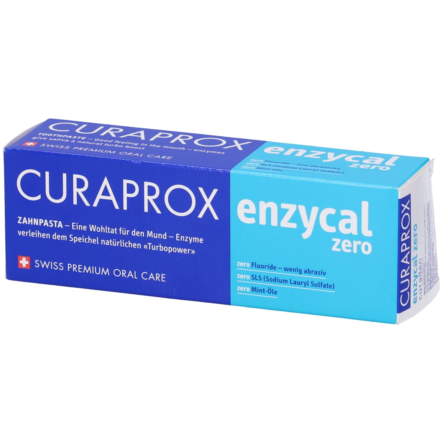 Confezione di dentifricio CURAPROX Enzycal Zero. Blu e bianco. Testo: dentifricio, Swiss Premium Oral Care, Enzycal Zero.