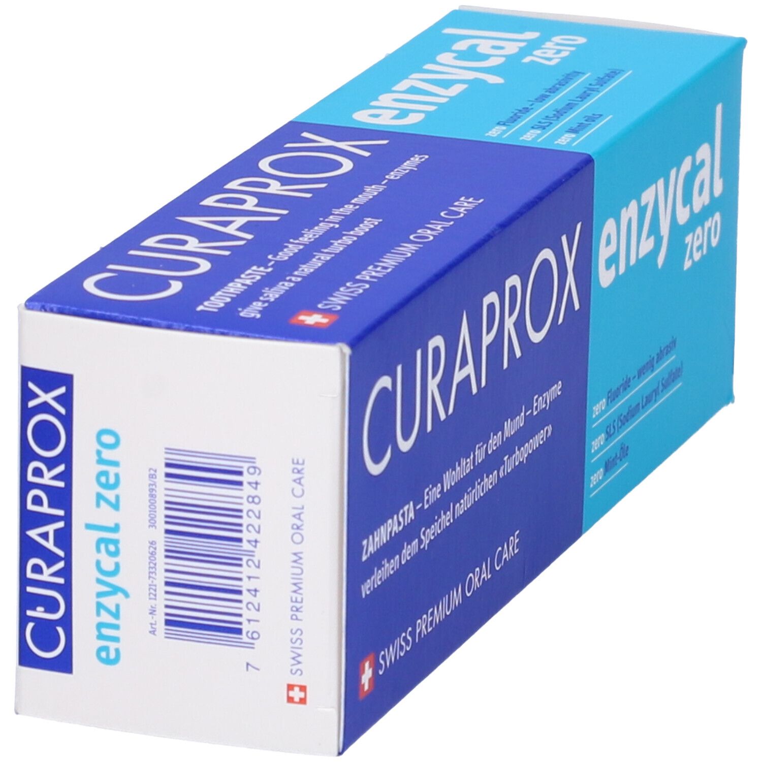Confezione di dentifricio CURAPROX Enzycal Zero. Blu e bianco. Testo: Enzycal Zero, Swiss Premium Oral Care, Art.Nr.