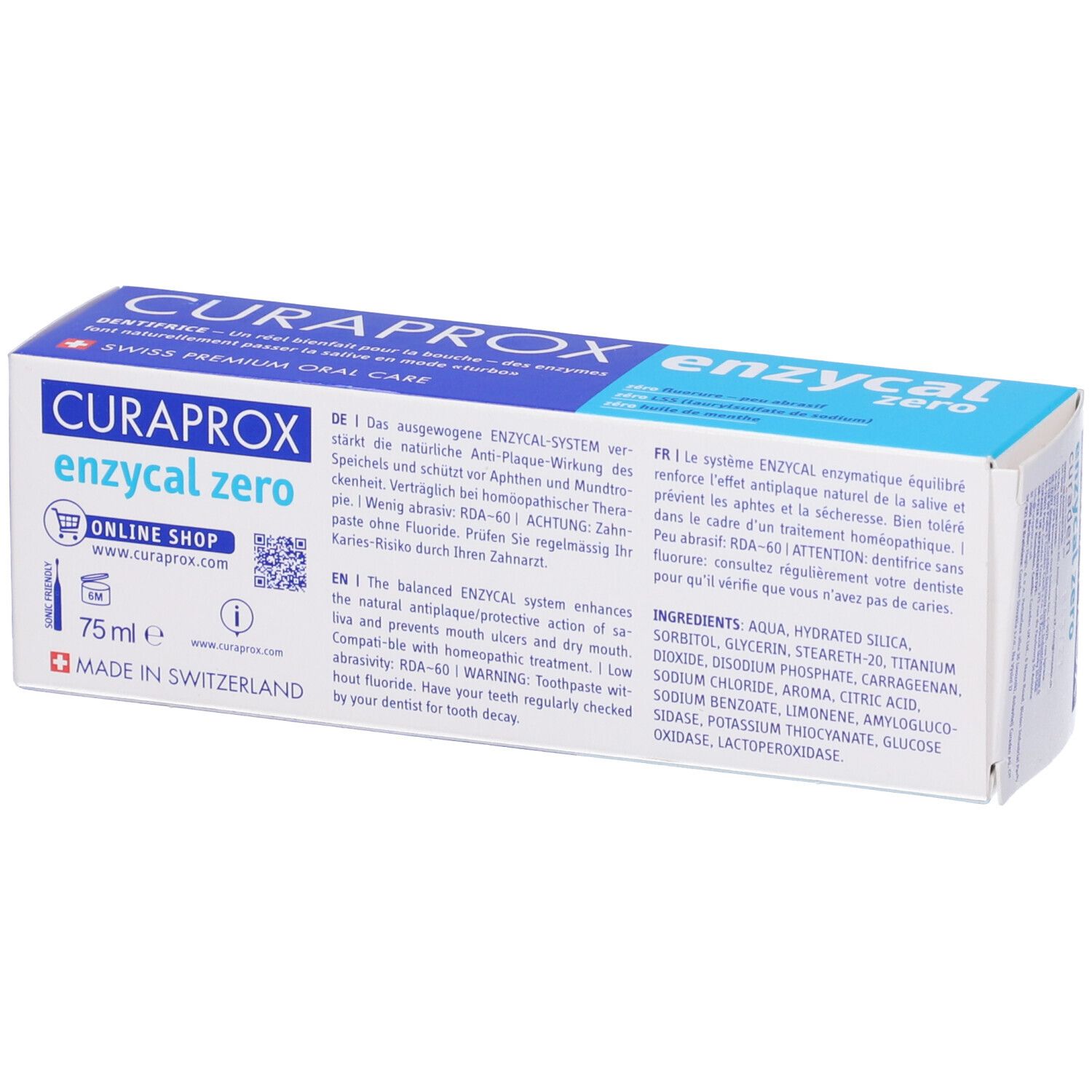 Confezione di dentifricio CURAPROX Enzycal Zero. Retro con ingredienti e informazioni. Bianco e blu.
