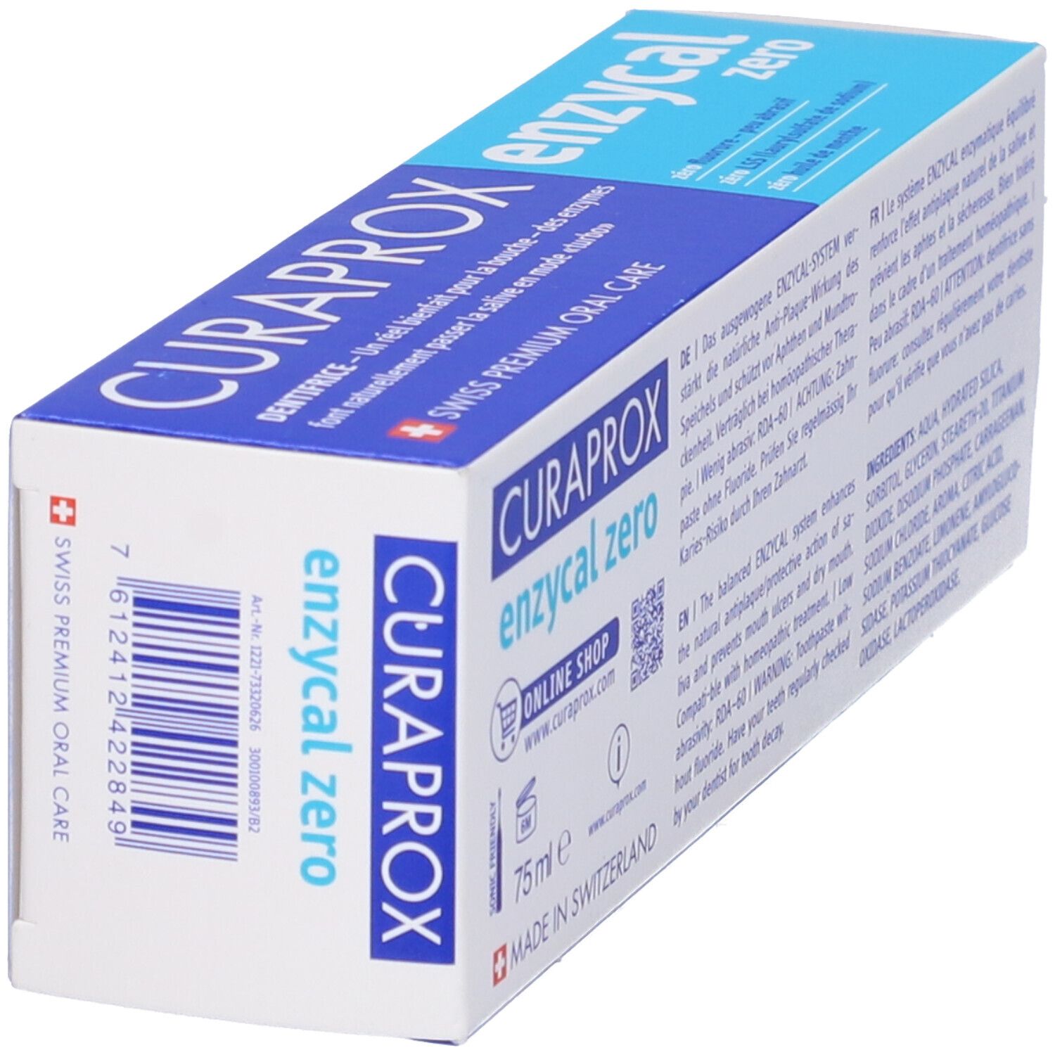 Confezione di dentifricio CURAPROX Enzycal Zero. Retro con ingredienti e informazioni. Bianco e blu.