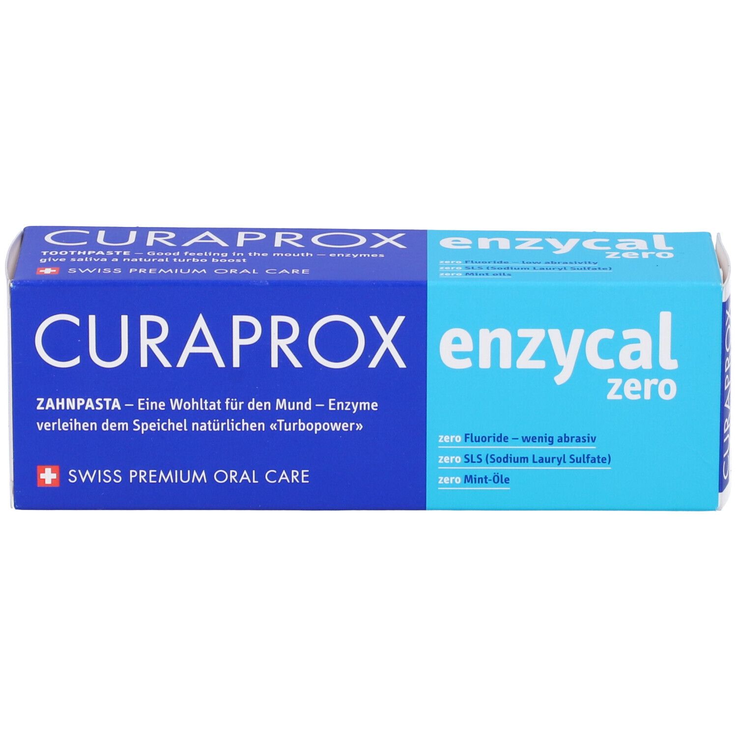 Confezione di dentifricio CURAPROX Enzycal Zero. Blu e bianco. Testo: dentifricio, Swiss Premium Oral Care, Enzycal Zero.