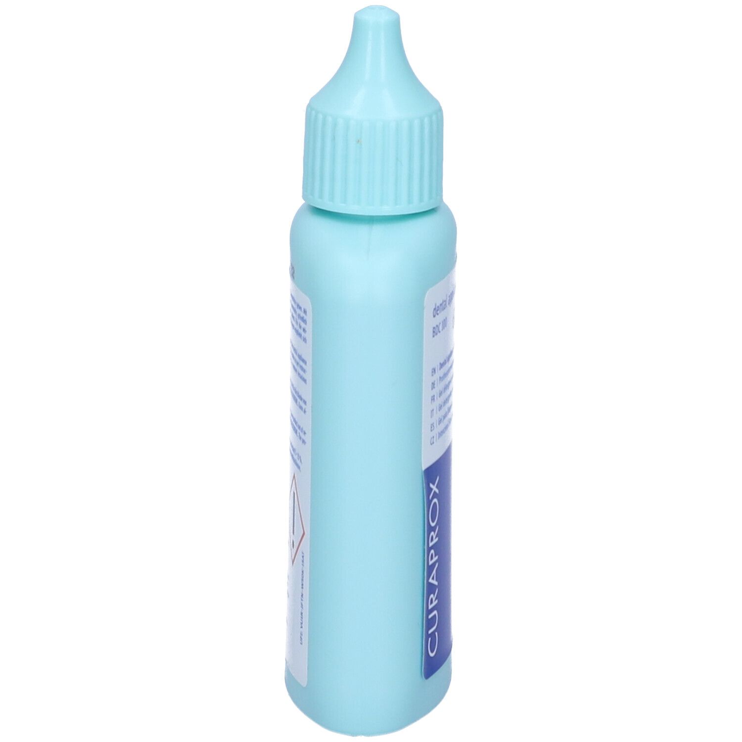 Flacone azzurro, vista laterale. Testo: Curaprox. Etichetta con informazioni prodotto. Croce svizzera.