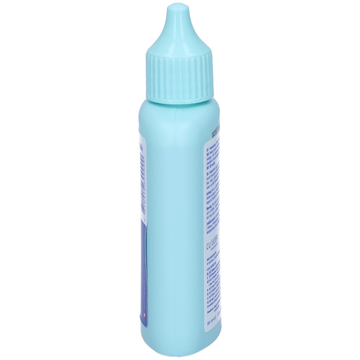 Flacone azzurro, vista laterale. Testo: Curaprox. Etichetta con informazioni prodotto. Croce svizzera.
