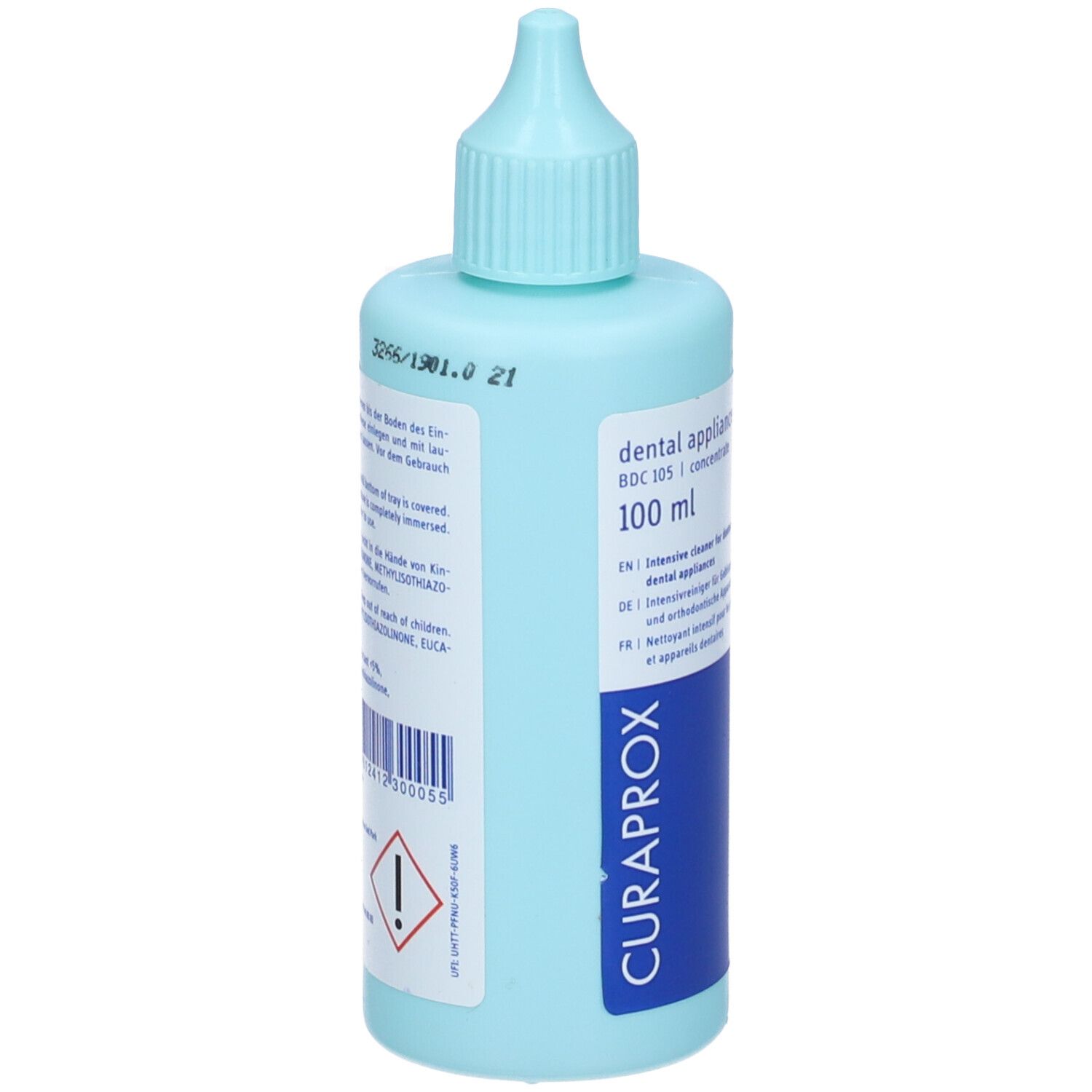 Flacone azzurro con beccuccio dosatore. Retro con testo e avvertenze. Testo: dental appliance bath weekly.