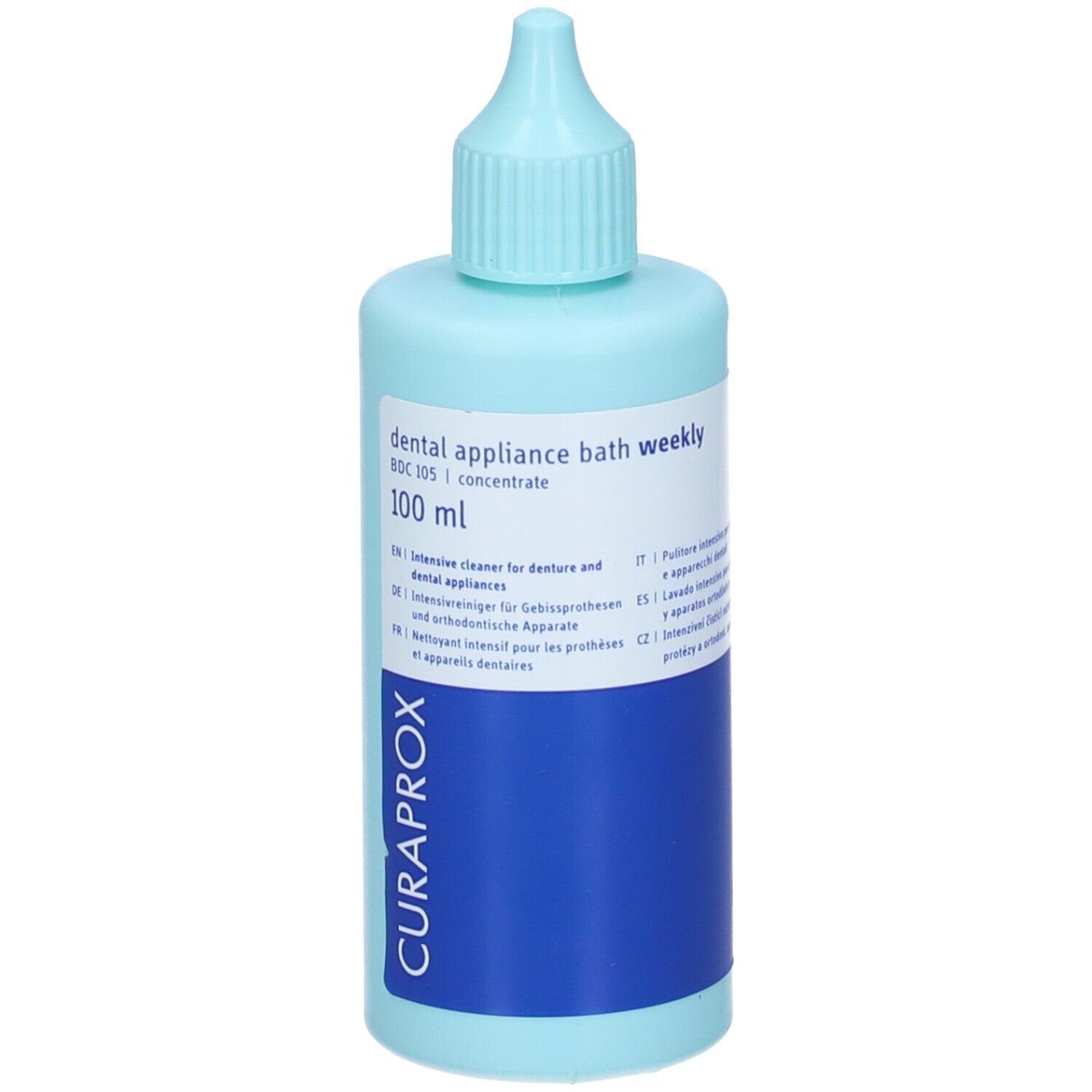 Flacone azzurro con beccuccio dosatore. Etichetta blu con logo CURAPROX. Testo: dental appliance bath weekly.