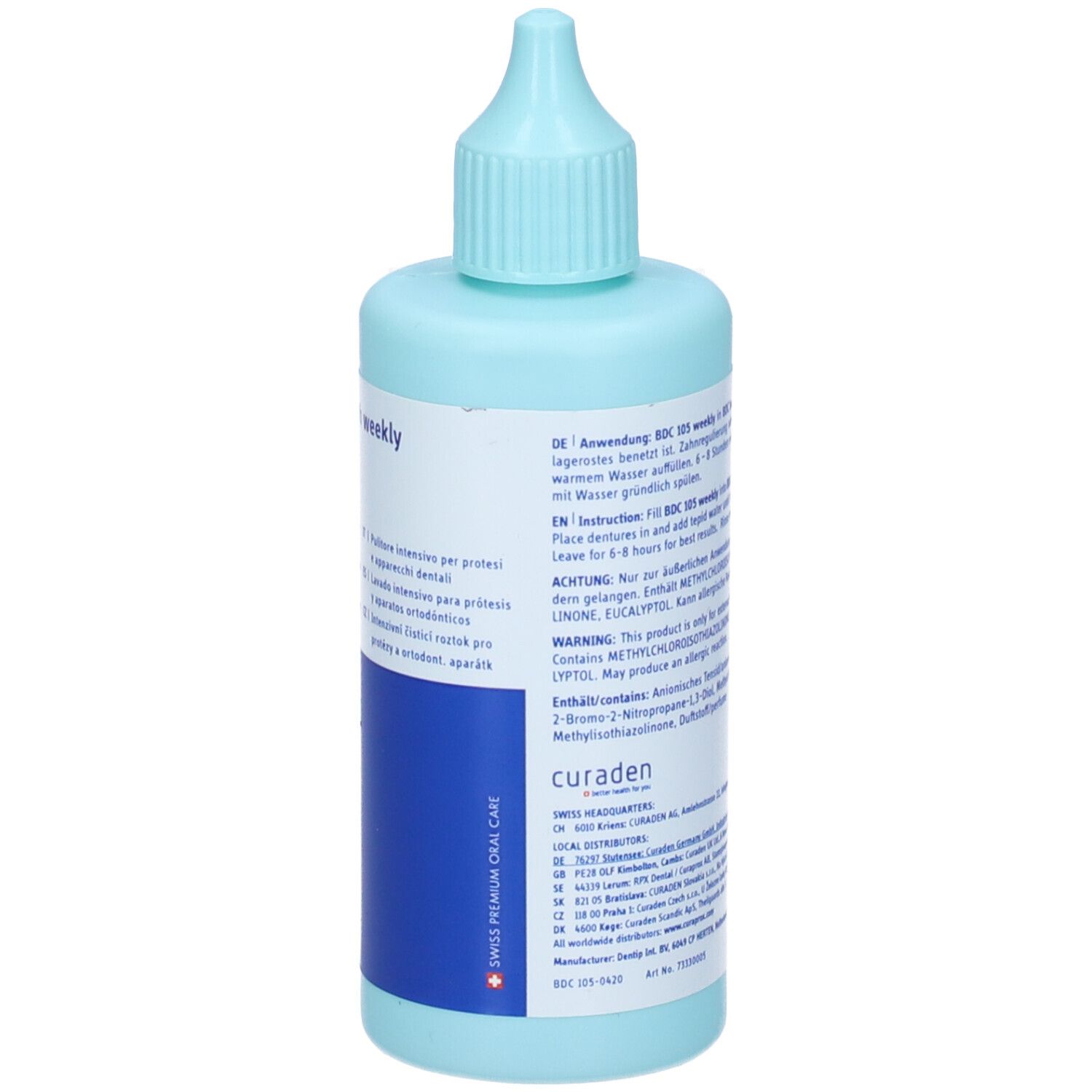 Flacone azzurro con beccuccio dosatore. Testo e avvertenze. Testo: dental appliance bath weekly.