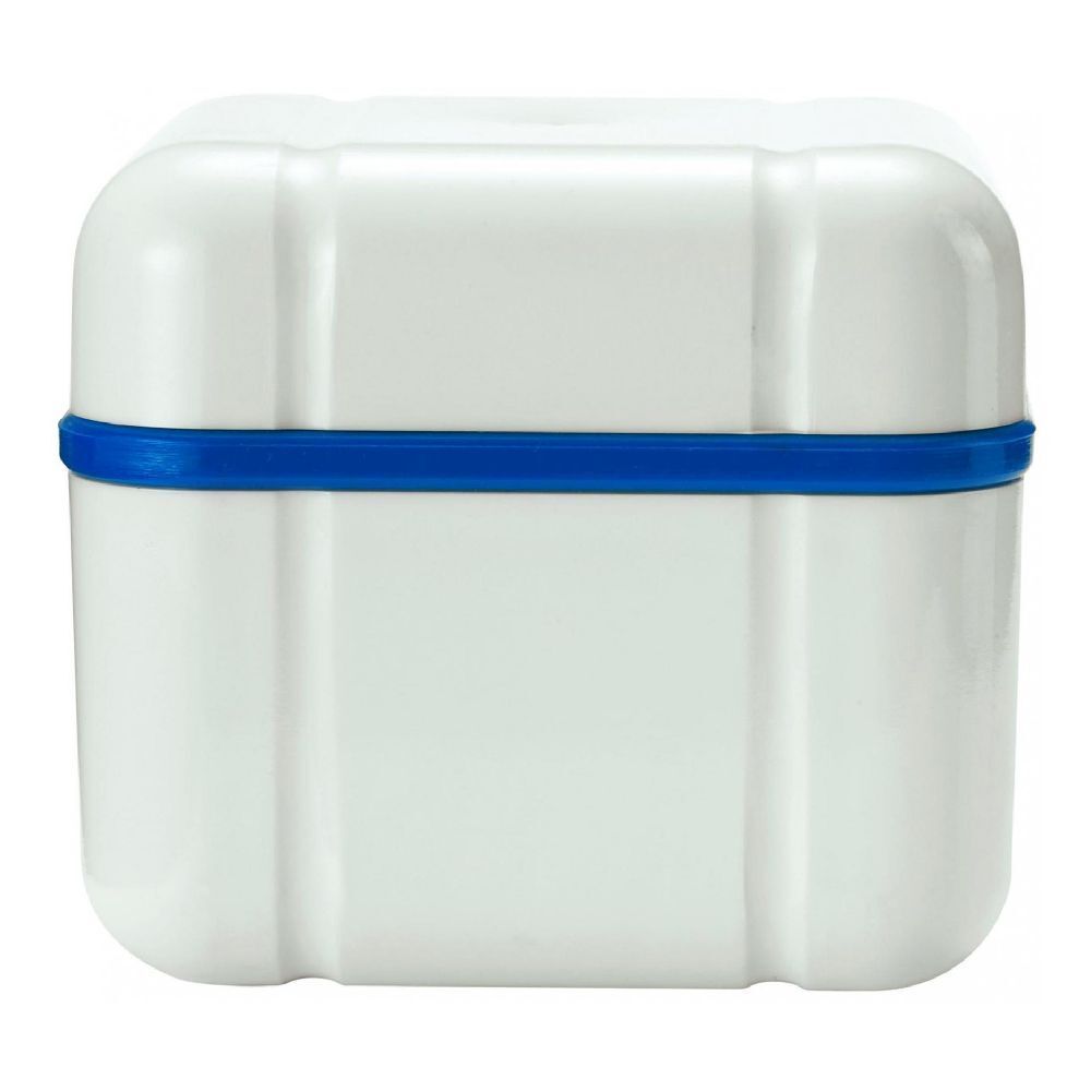 Contenitore bianco quadrato con fascia blu. Angoli e bordi arrotondati. Linee verticali sui lati.