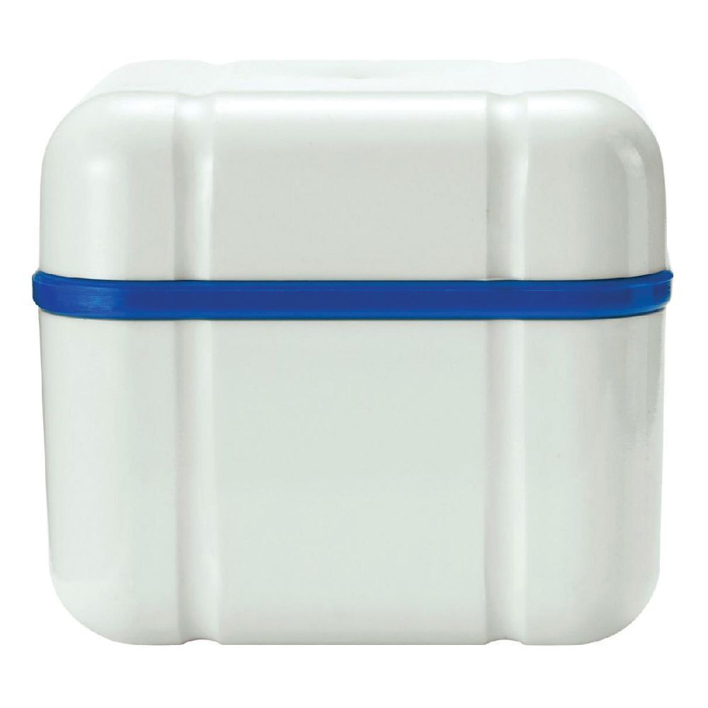 Scatola bianca quadrata con fascia elastica blu. Linee verticali sui lati. Coperchio chiuso.