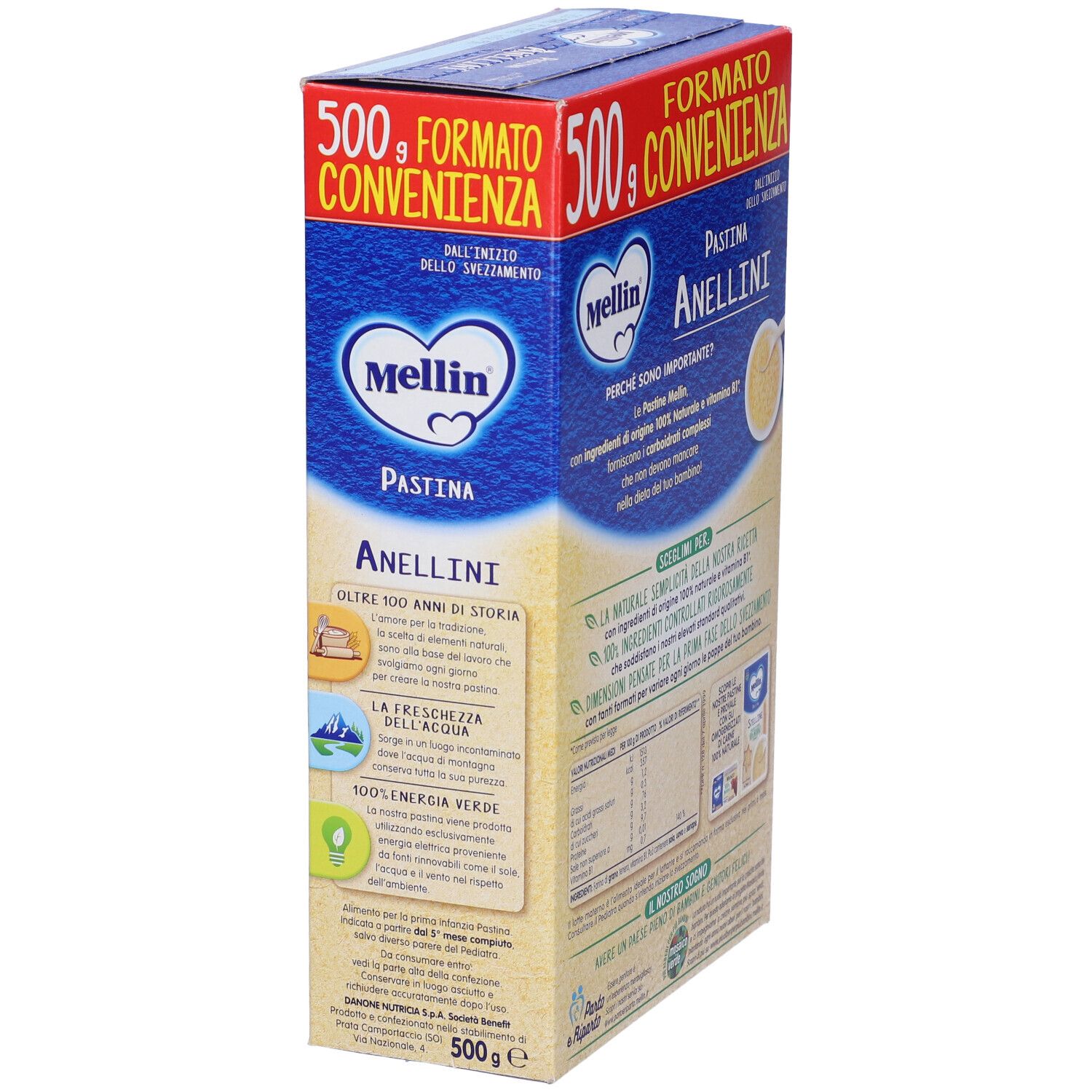 Lato della confezione Mellin Pastina Anellini. Informazioni e descrizione del prodotto. Testo in italiano. Contiene 500g.
