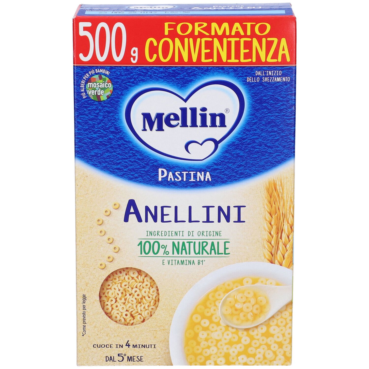 Confezione di Mellin Pastina Anellini. Scatola blu e rossa con indicazione 500g. Pasta a forma di anelli. Marchio Mellin e diciture.