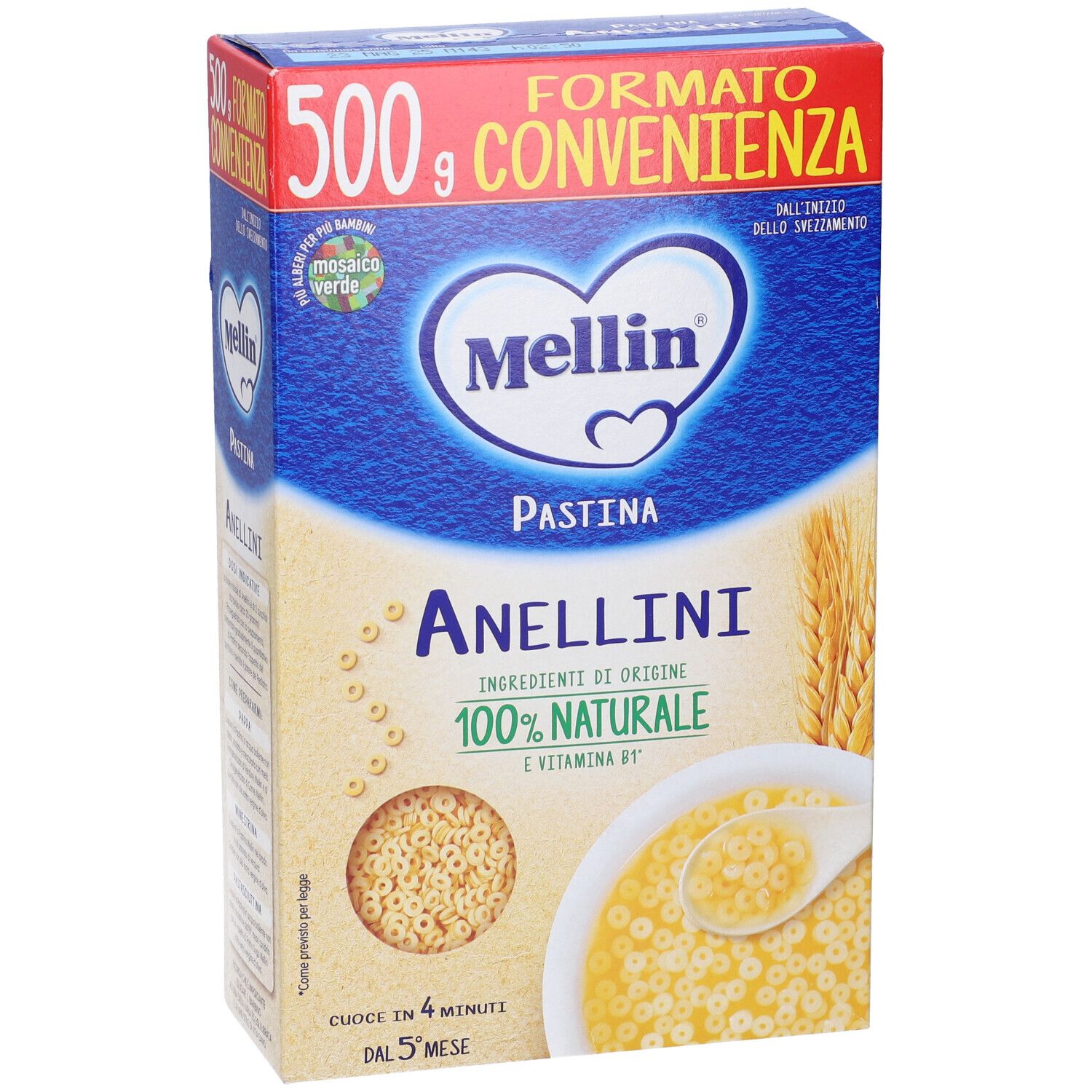 Confezione di Mellin Pastina Anellini. Scatola blu e rossa con indicazione 500g. Pasta a forma di anelli. Marchio Mellin e diciture.