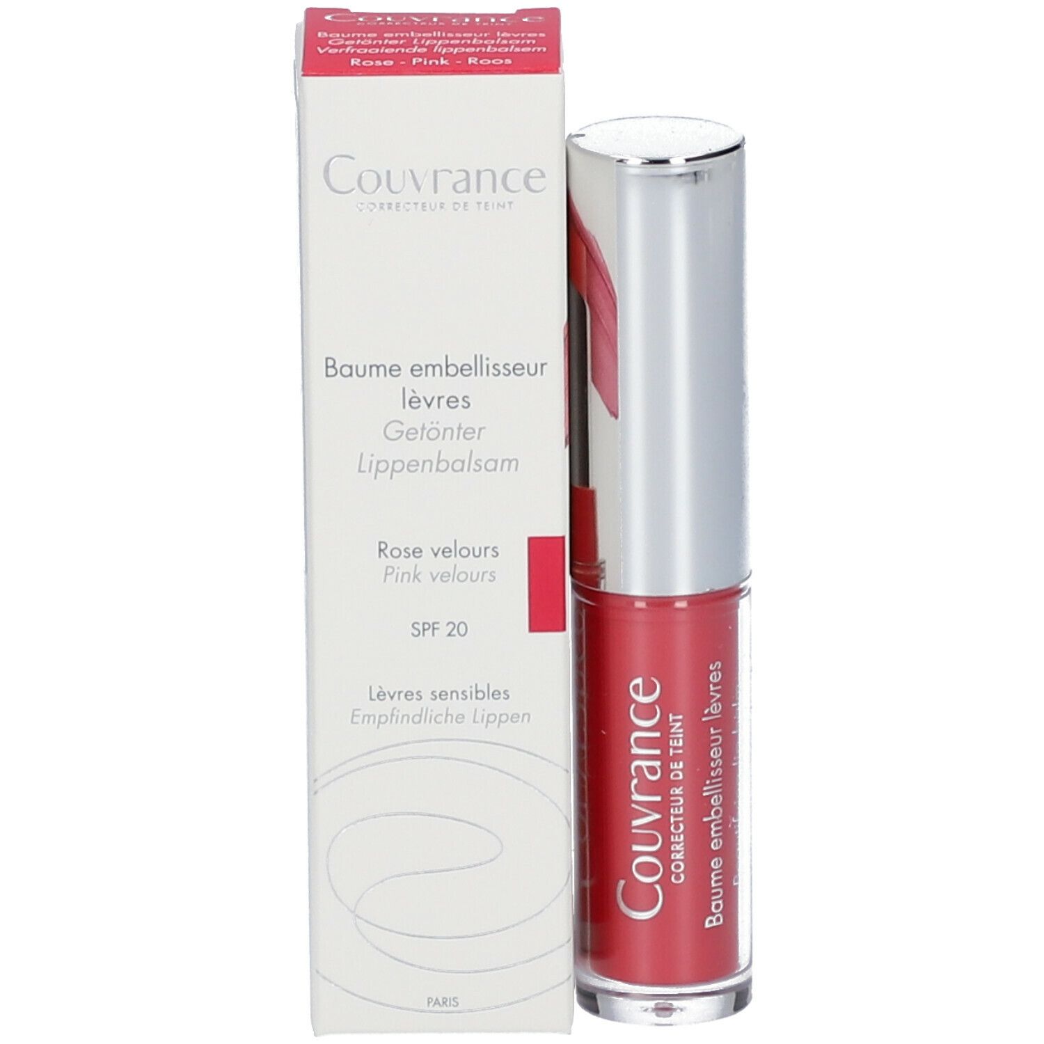 Balsamo per labbra in astuccio e confezione. Scritta: Couvrance, Rose velours, SPF 20.