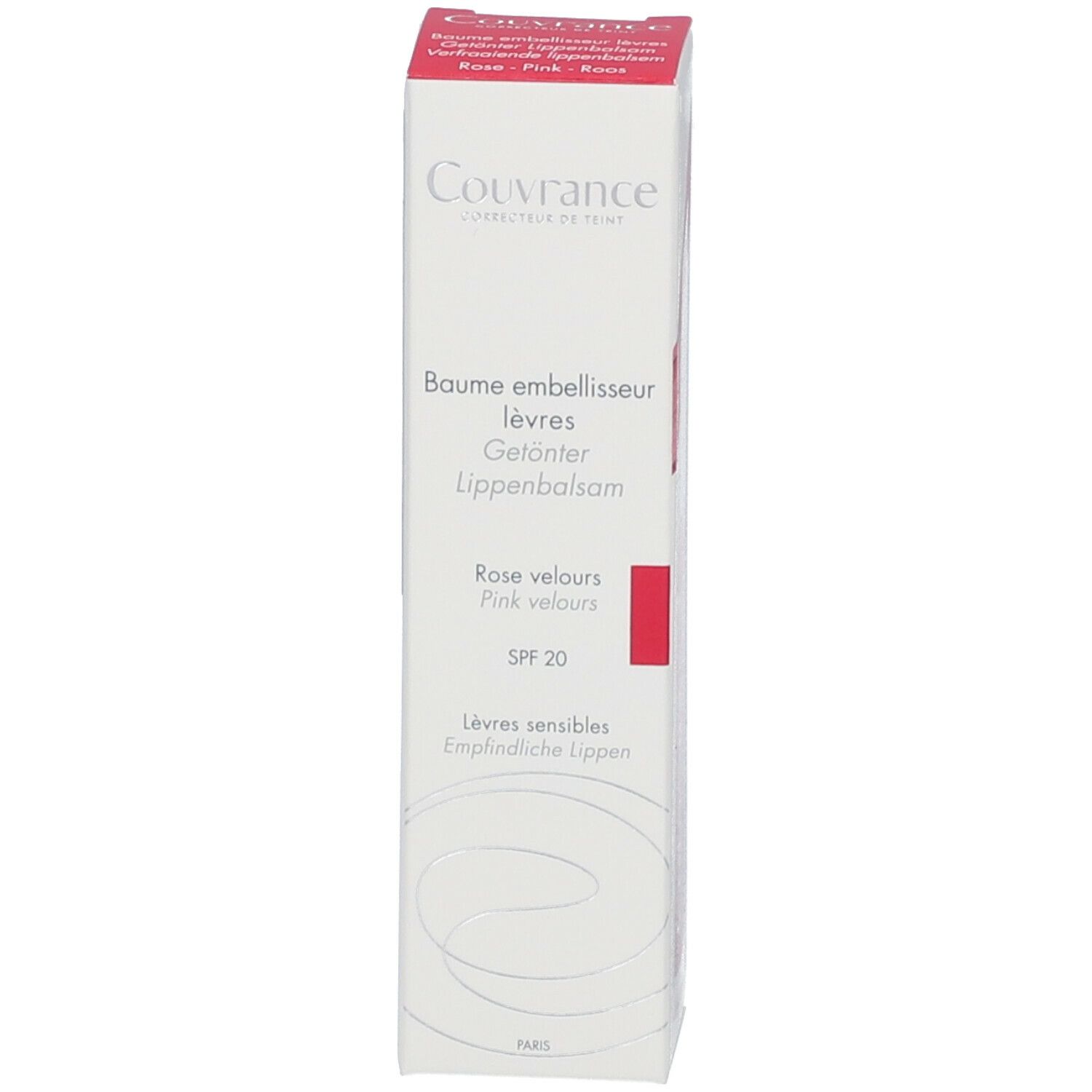 Confezione con informazioni sul prodotto. Scritta: Couvrance, Rose velours, SPF 20.