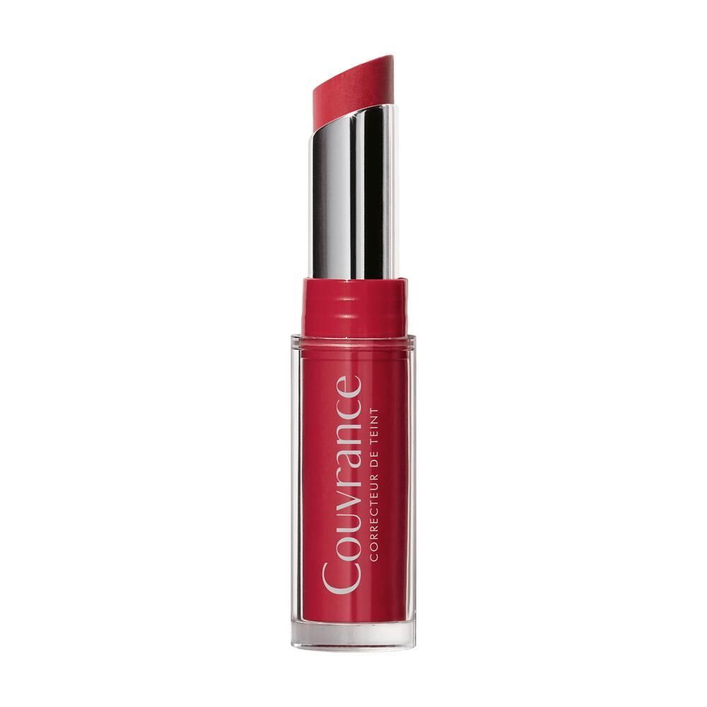 Balsamo per labbra in astuccio rosso con cappuccio argentato. Punta di rossetto rosa. Scritta: Couvrance.