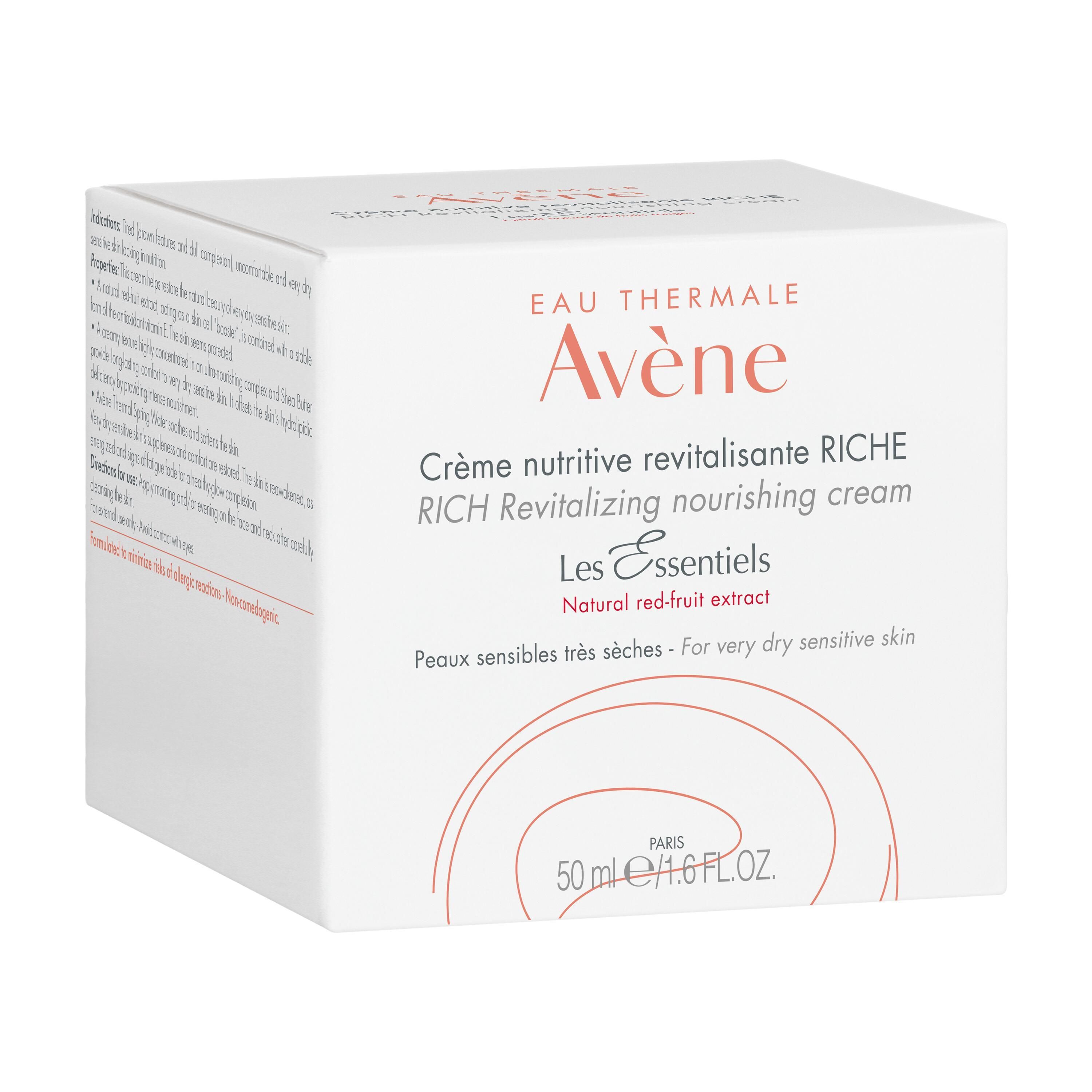 Scatola bianca con informazioni sul prodotto. Stampa: Avène Crema, 50 ml.