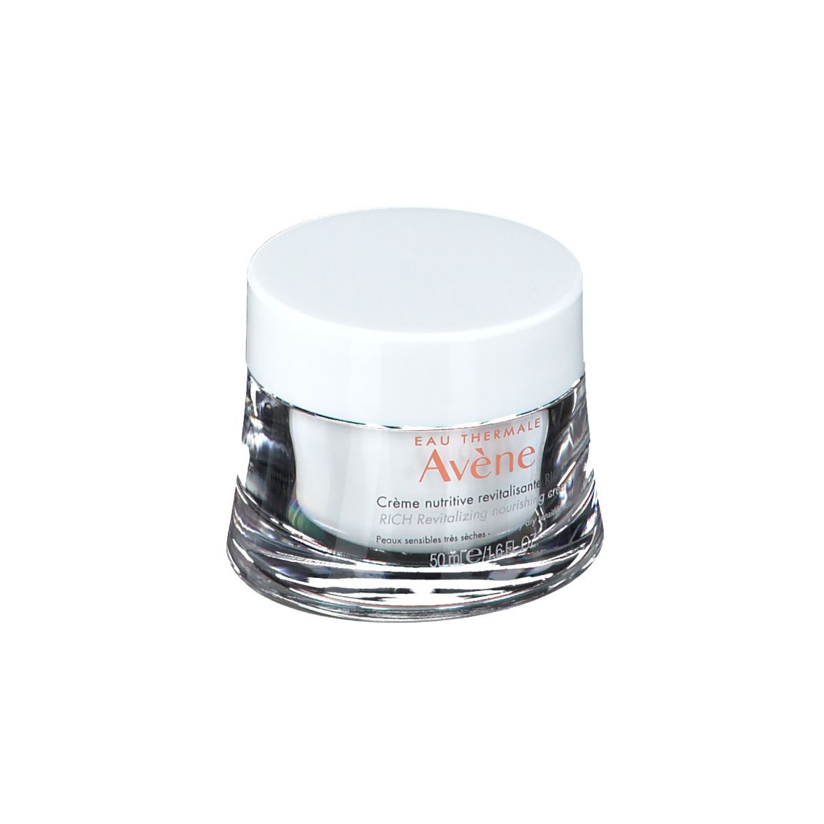 Vasetto di vetro con coperchio bianco. Stampa: Avène Crema, 50 ml.