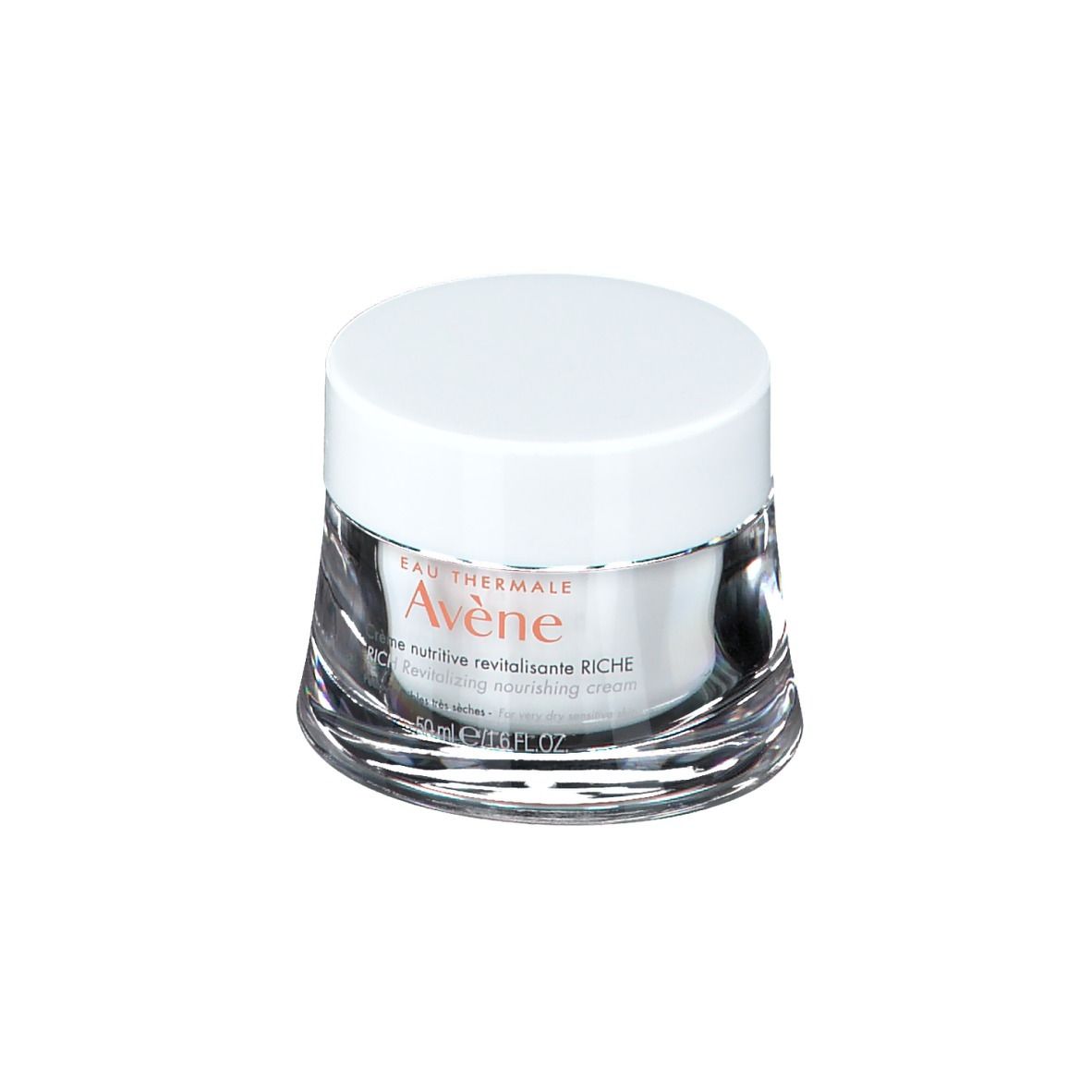 Vasetto di vetro con coperchio bianco. Stampa: Avène Crema, 50 ml.