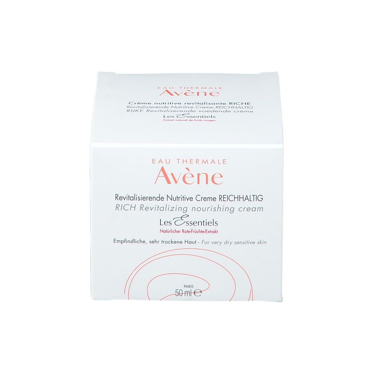 Scatola bianca con informazioni sul prodotto. Stampa: Avène Crema, 50 ml.