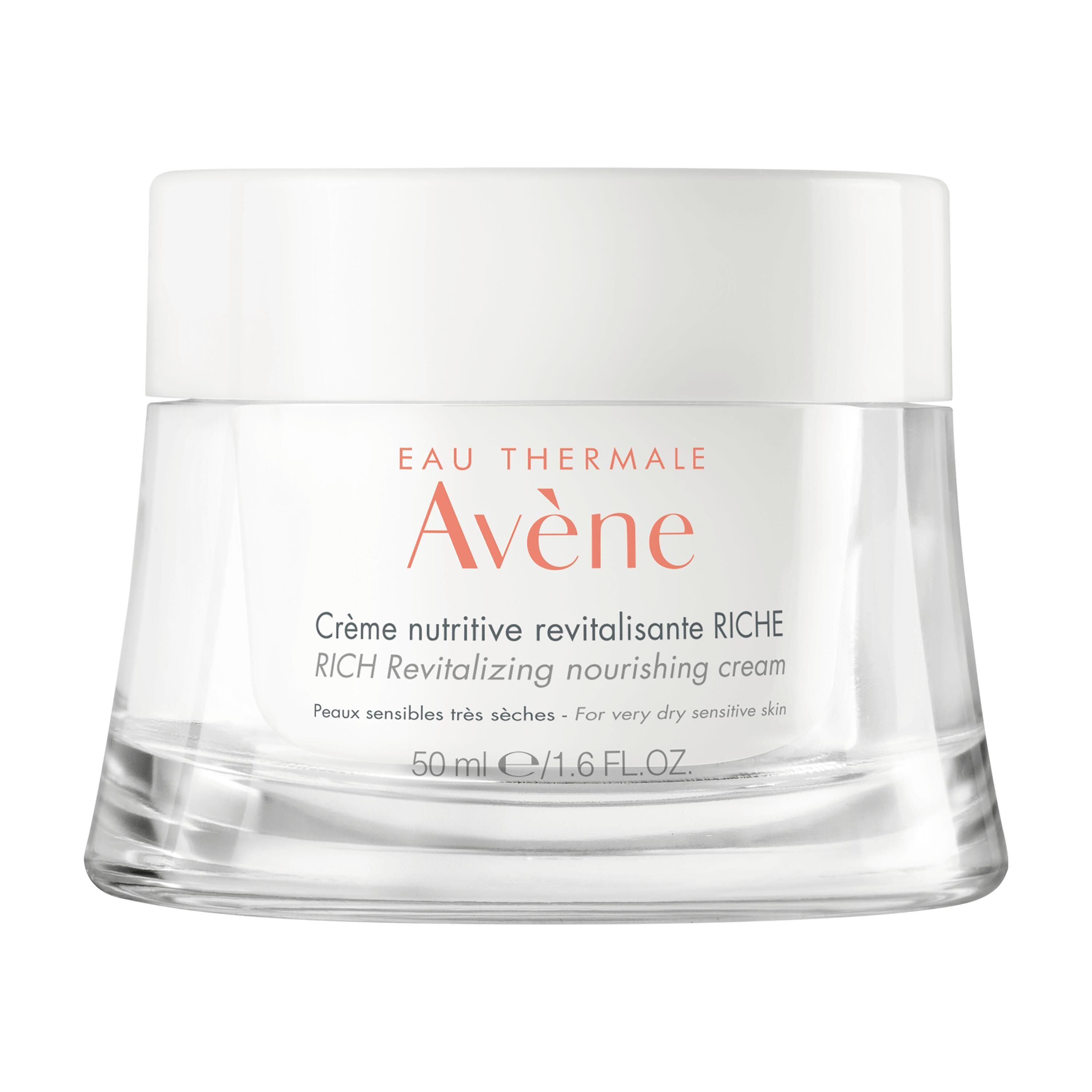 Vasetto di vetro con coperchio bianco. Stampa: Avène Crema, 50 ml.