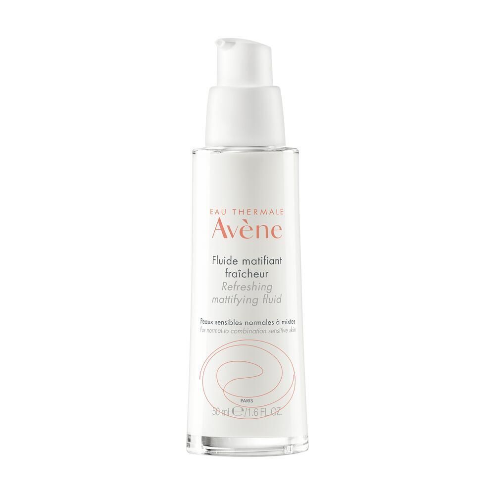 Flacon blanc avec pompe. Inscription: Eau Thermale Avène, Fluide matifiant fraîcheur, 30 ml.