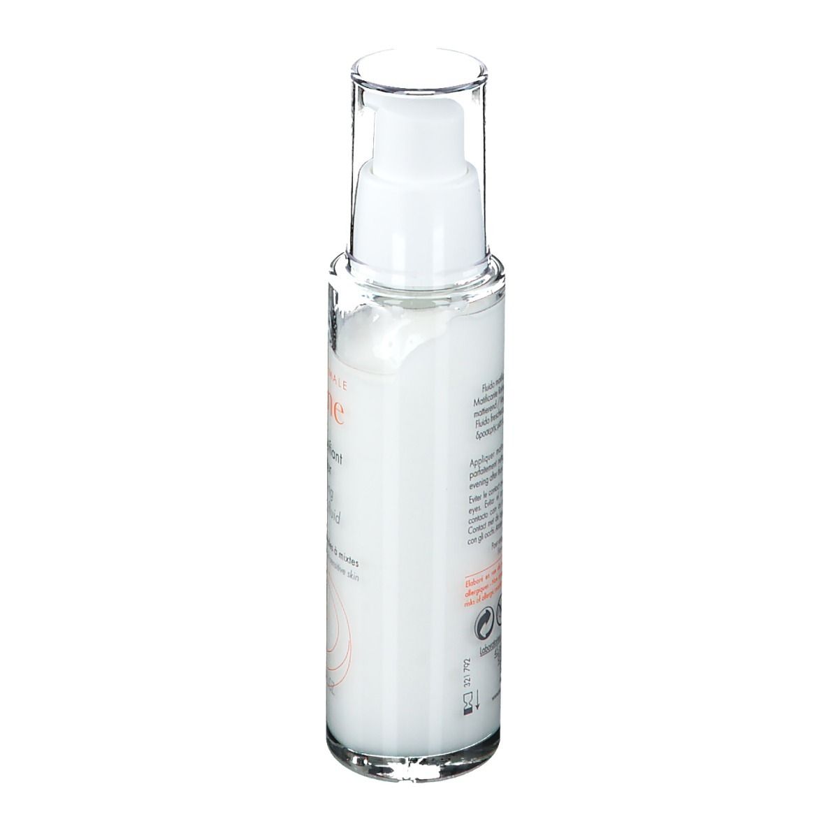 Flacon transparent avec pompe. Inscription: Eau Thermale Avène, Fluide matifiant fraîcheur, 50 ml.