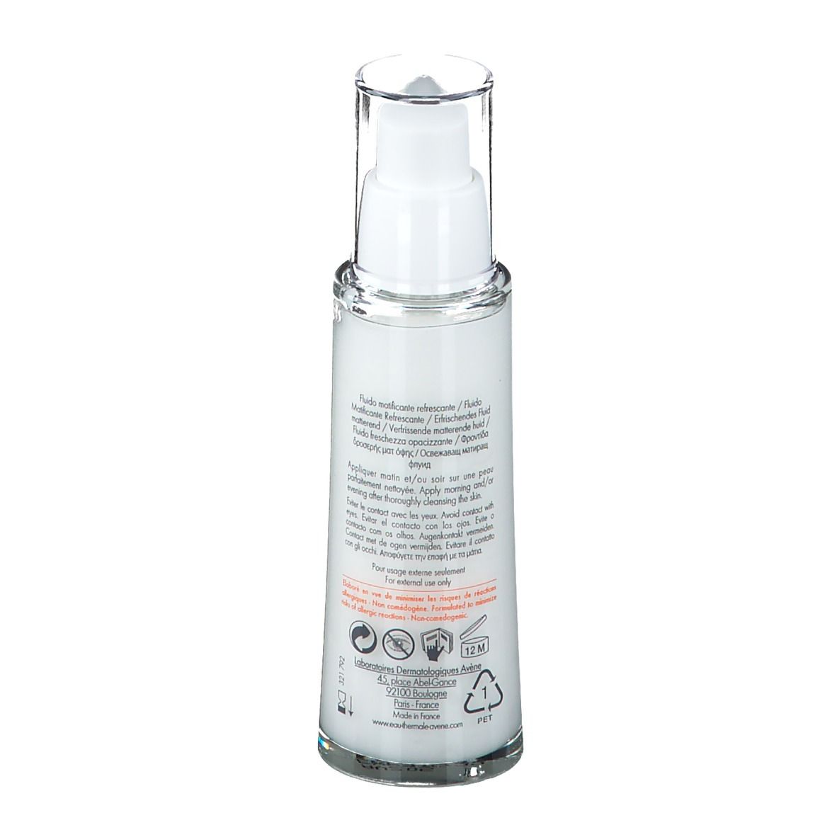Dos du flacon transparent avec texte. Inscription: Eau Thermale Avène, ingrédients, 12M, PET.