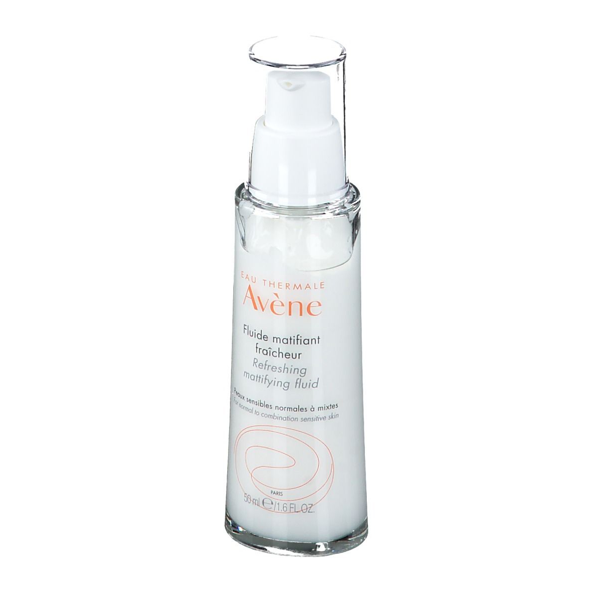 Flacon transparent avec pompe. Inscription: Eau Thermale Avène, Fluide matifiant fraîcheur, 50 ml.
