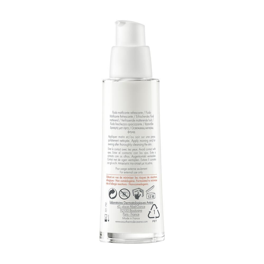 Dos du flacon blanc avec texte. Inscription: Eau Thermale Avène, ingrédients, 12M, PET.