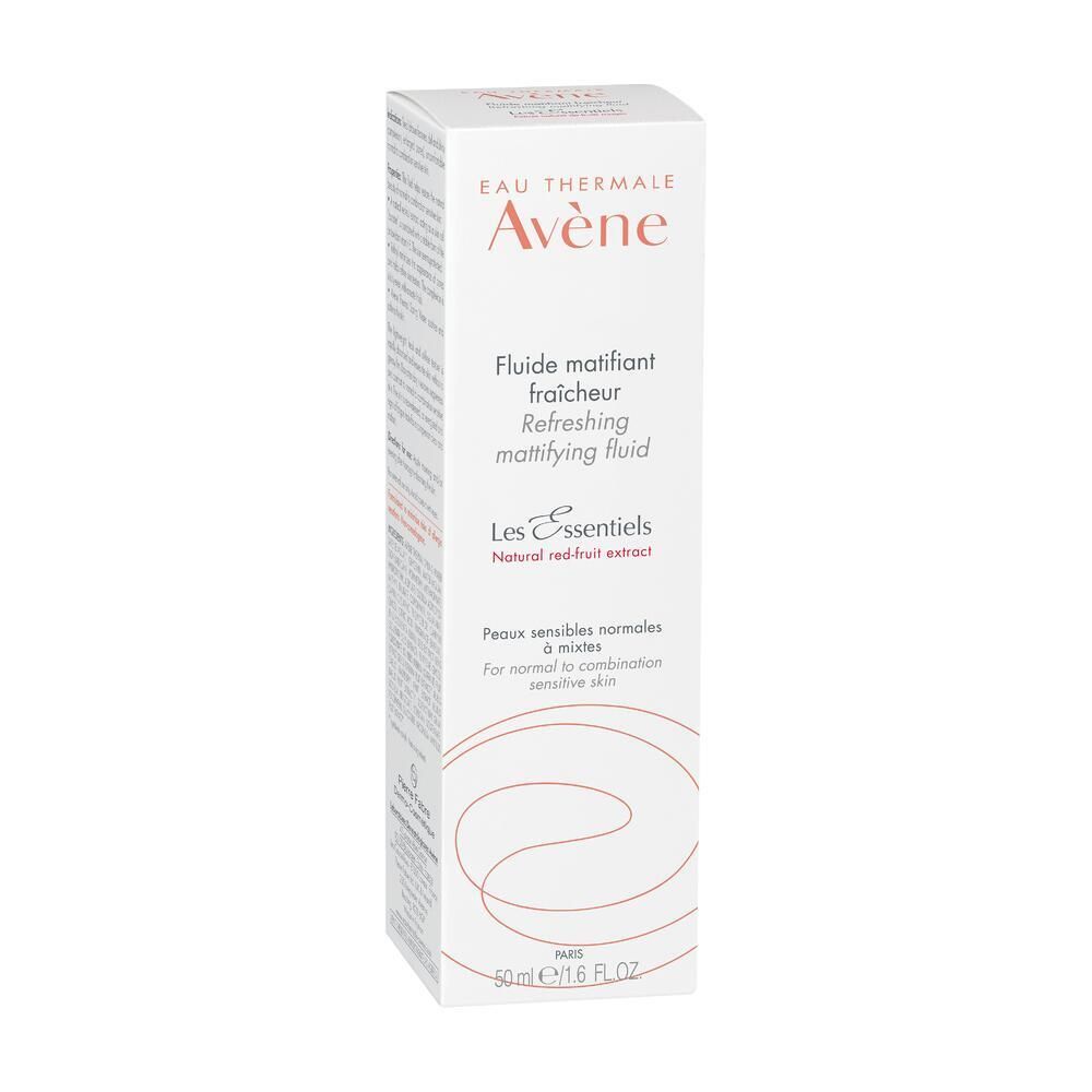 Boîte blanche avec produit. Inscription: Eau Thermale Avène, Fluide matifiant fraîcheur, 50 ml.