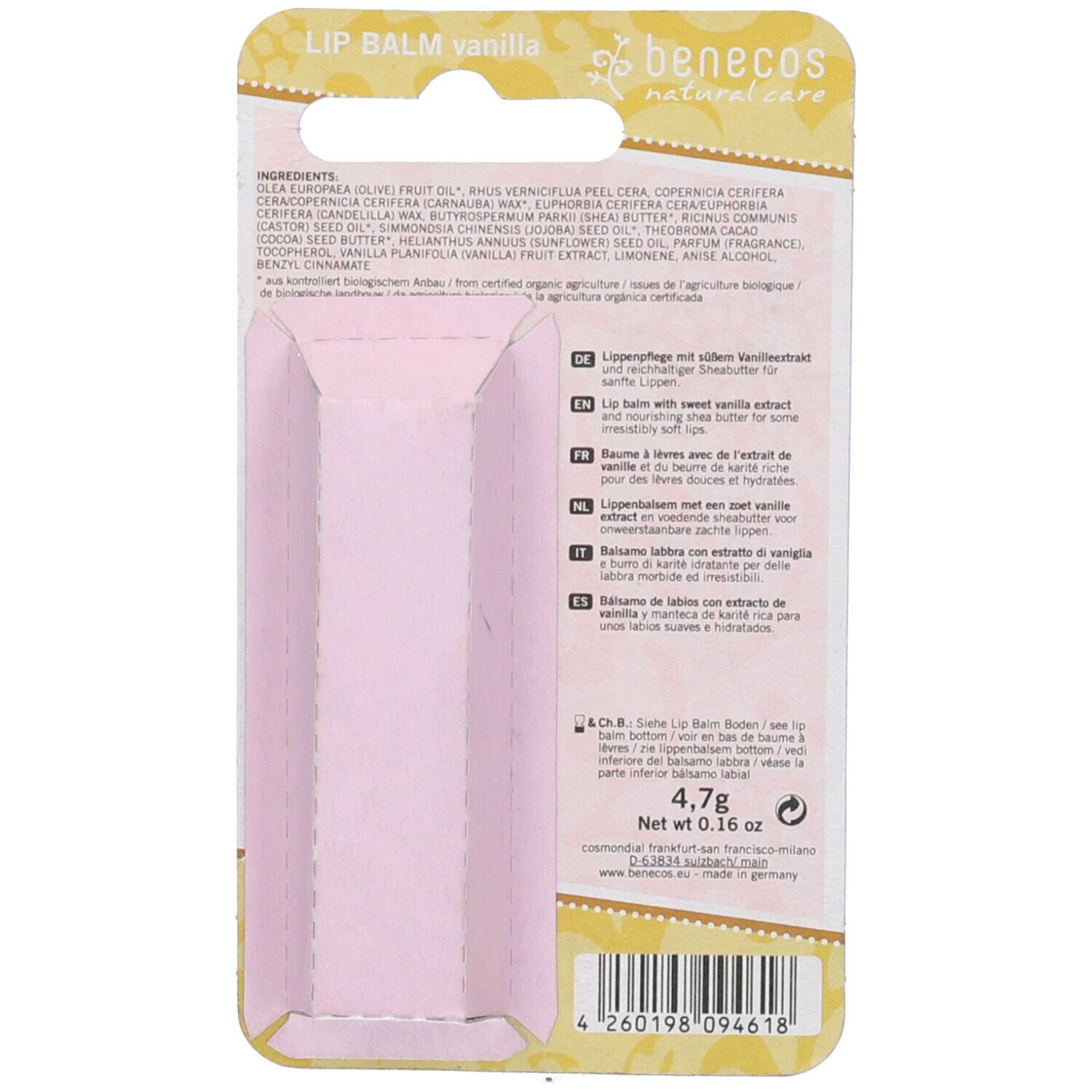 Rückseite der Benecos Lip Balm Vanille Verpackung. Inhaltsstoffe und Text in mehreren Sprachen.