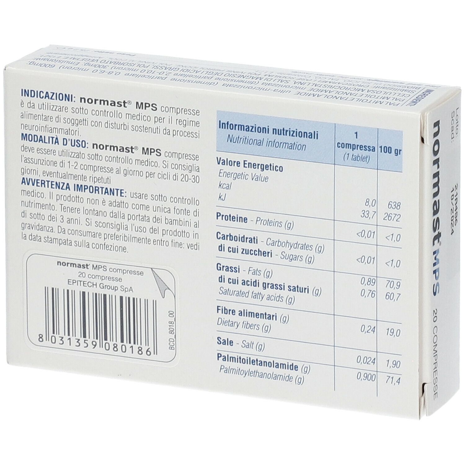 Rückseite der Schachtel mit Produktinformationen, Nährwertangaben und Inhaltsstoffen. 20 Tabletten.