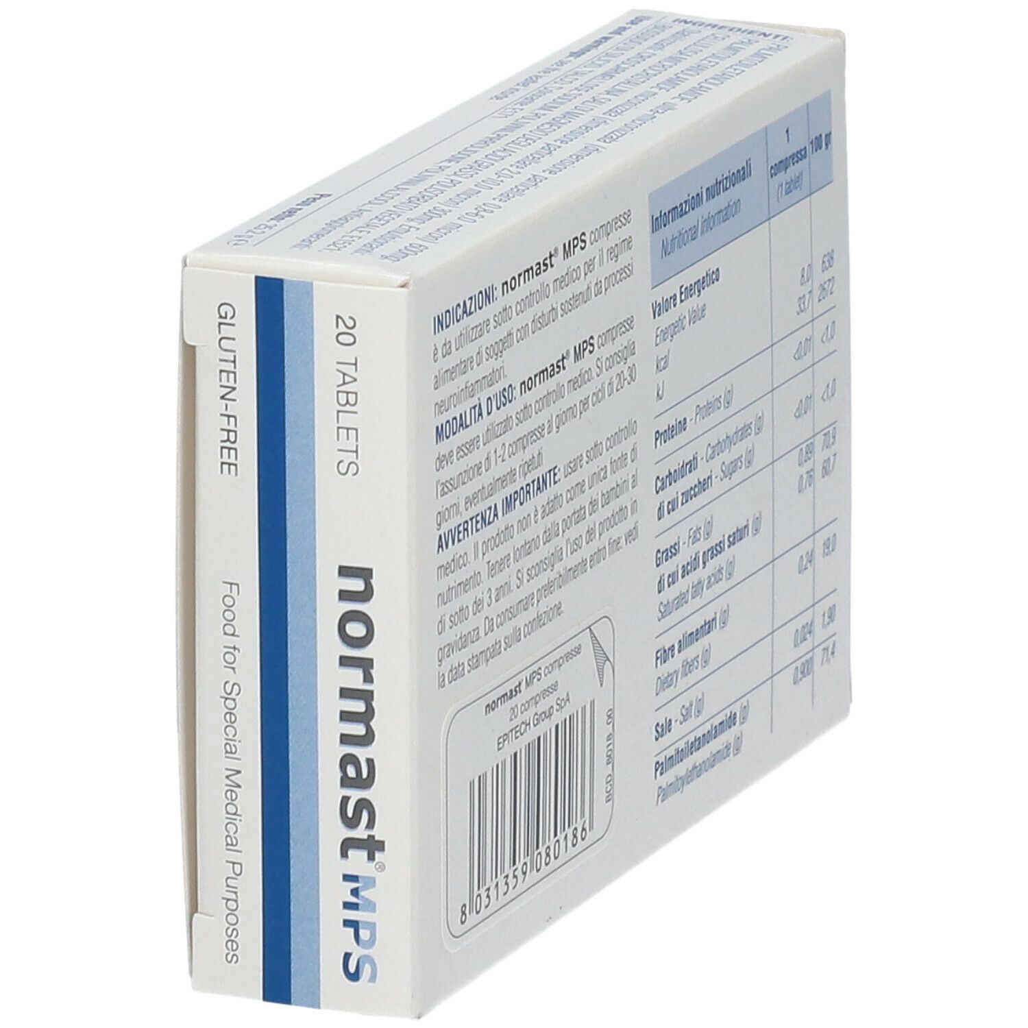 Schachtel mit Produktnamen, Inhaltsstoffen und 20 Tabletten. Glutenfrei. Für medizinische Zwecke.