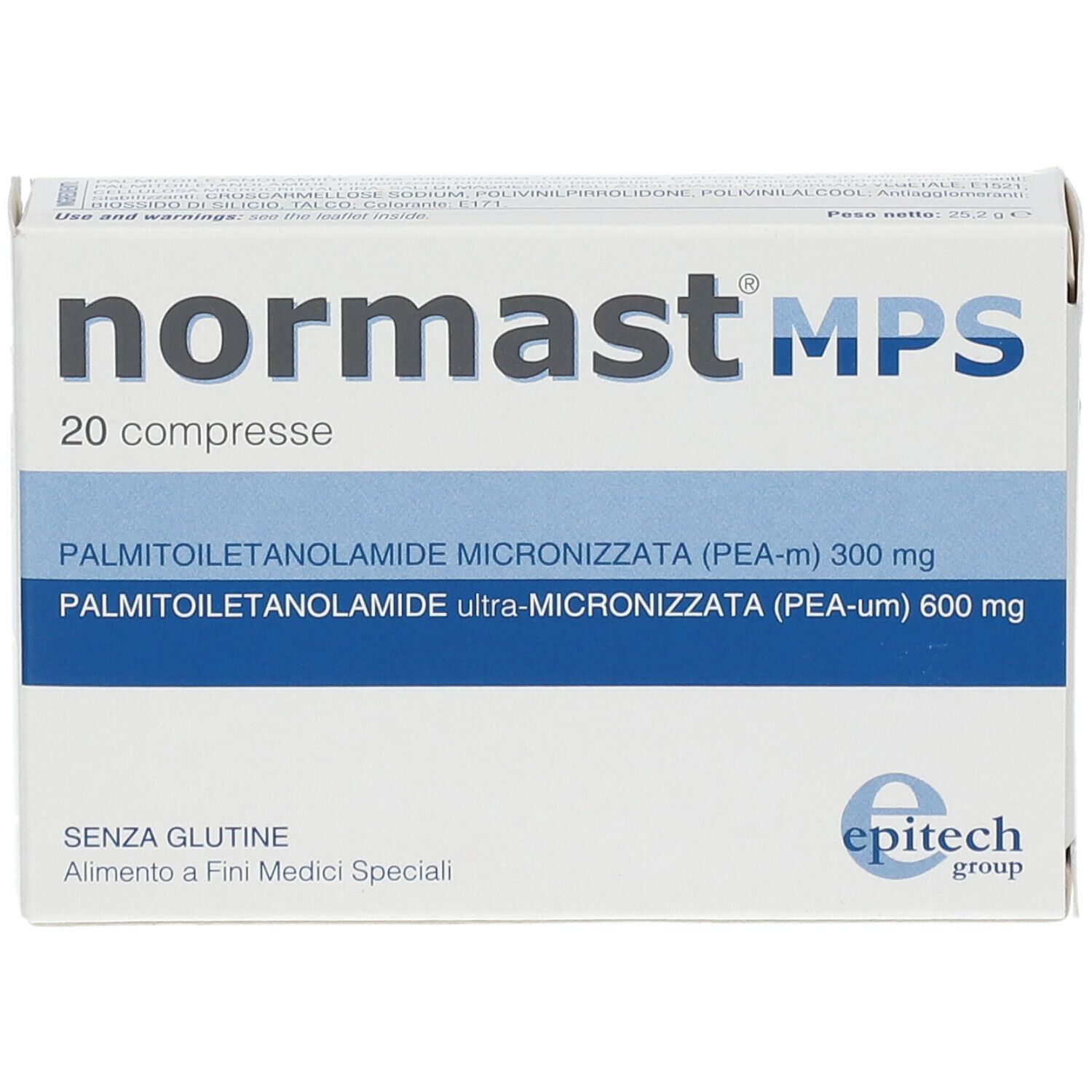 Schachtel mit Produktnamen, Inhaltsstoffen und 20 Tabletten. Glutenfrei. Für medizinische Zwecke.