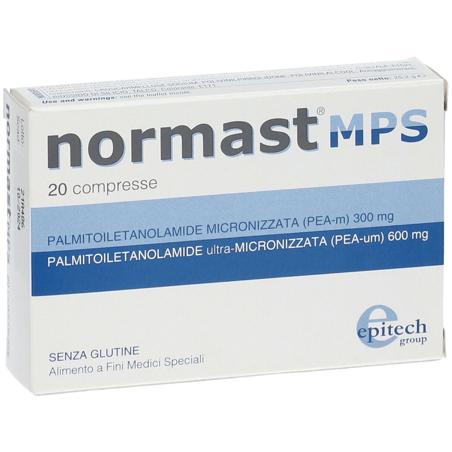 Schachtel mit Produktnamen, Inhaltsstoffen und 20 Tabletten. Glutenfrei. Für medizinische Zwecke.