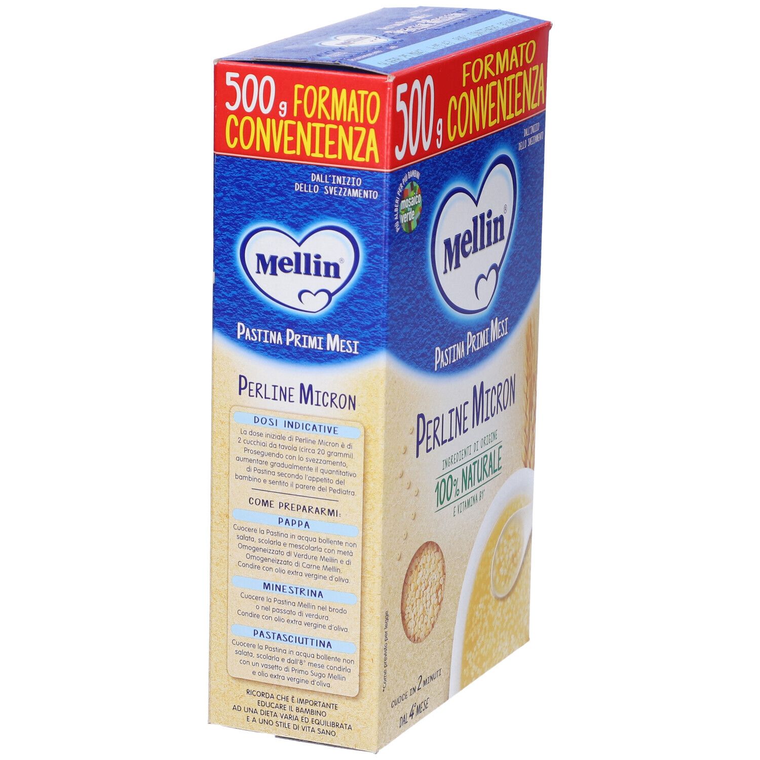 Mellin Perline Micron, confezione da 500g. Vista laterale della confezione con informazioni sul prodotto e logo.