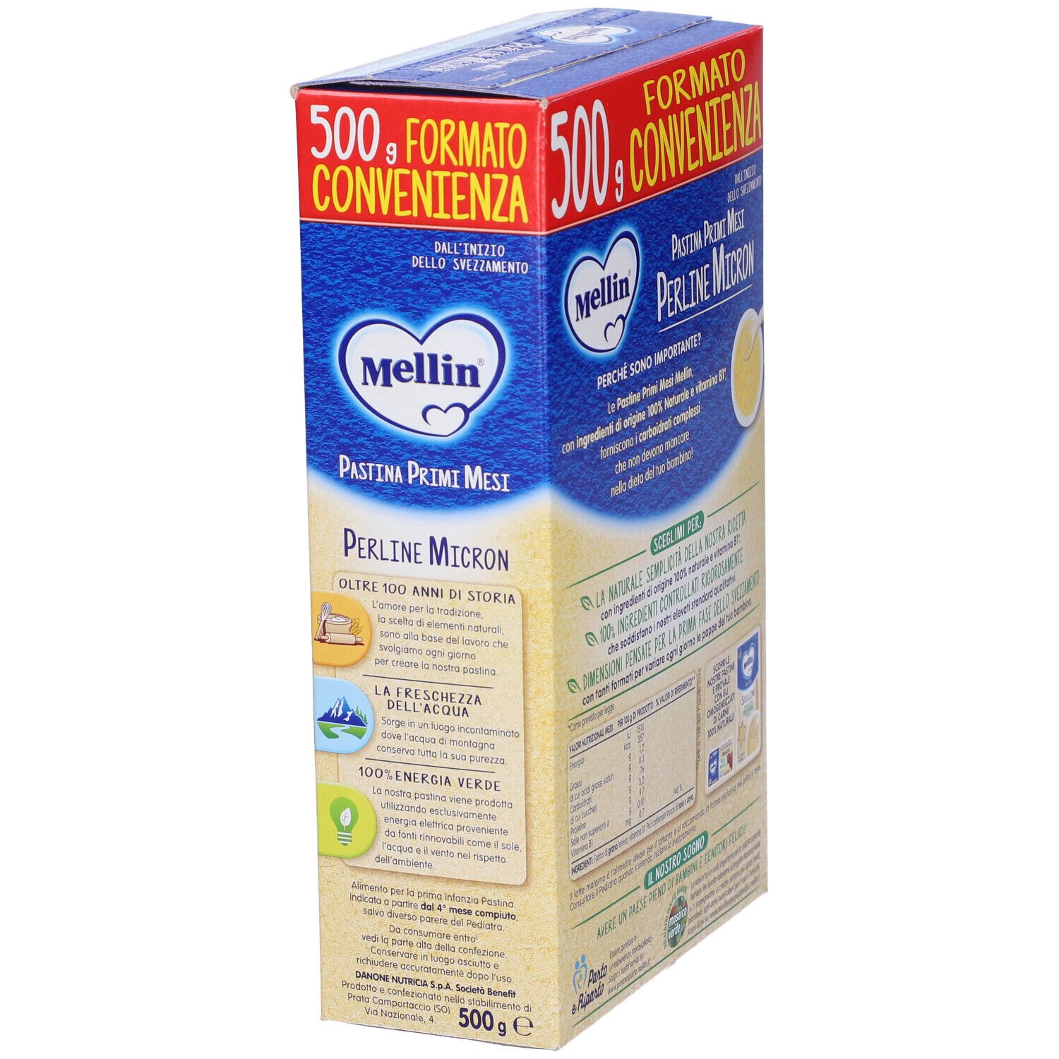 Mellin Perline Micron, confezione da 500g. Vista laterale della confezione con informazioni sul prodotto e logo.